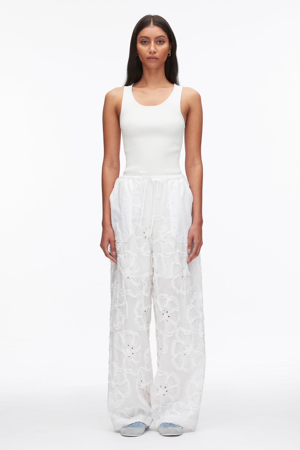 White Embroidered Straight Leg Pull On Pants | 3.1 Phillip Lim