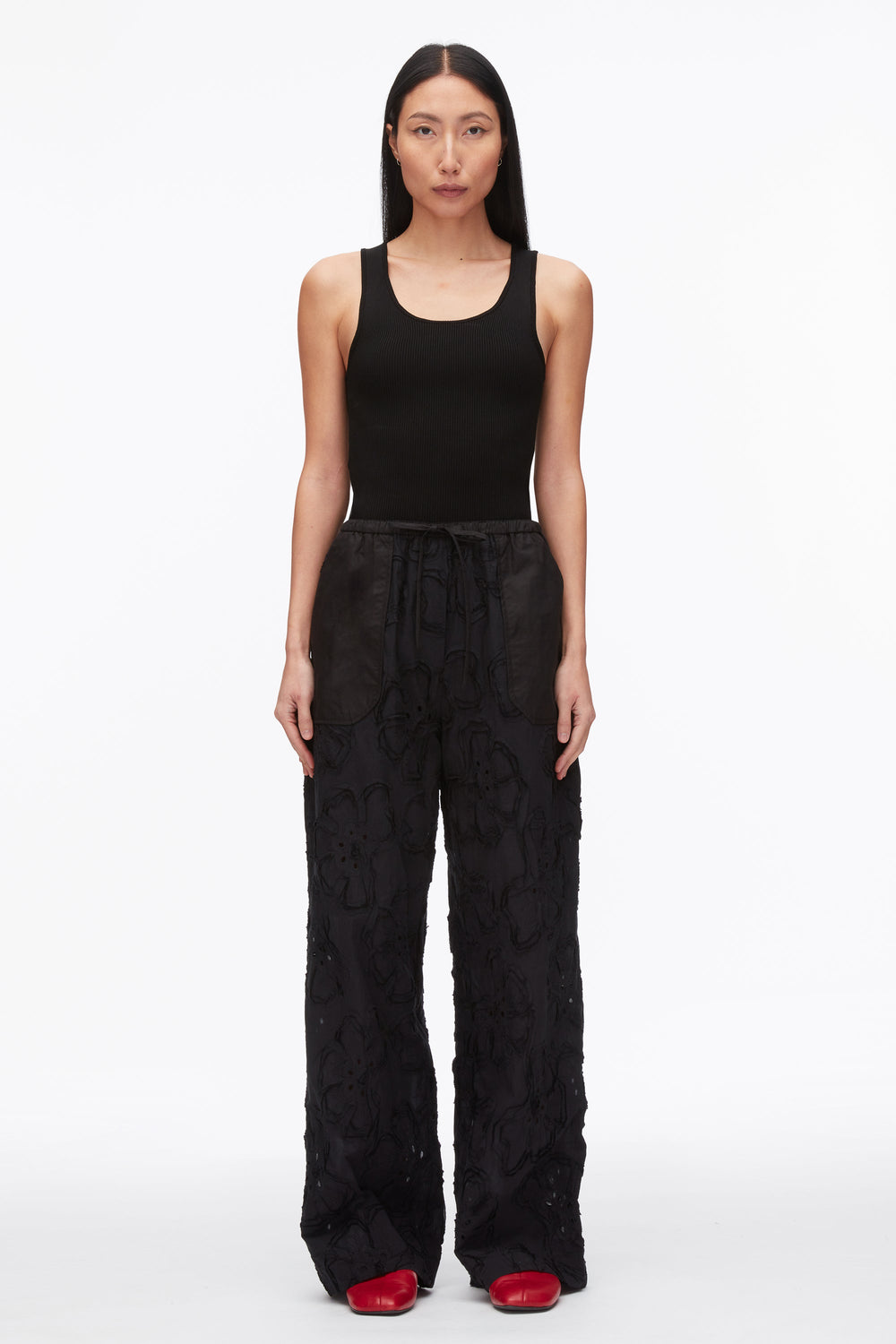 Black Embroidered Straight Leg Pull On Pants | 3.1 Phillip Lim
