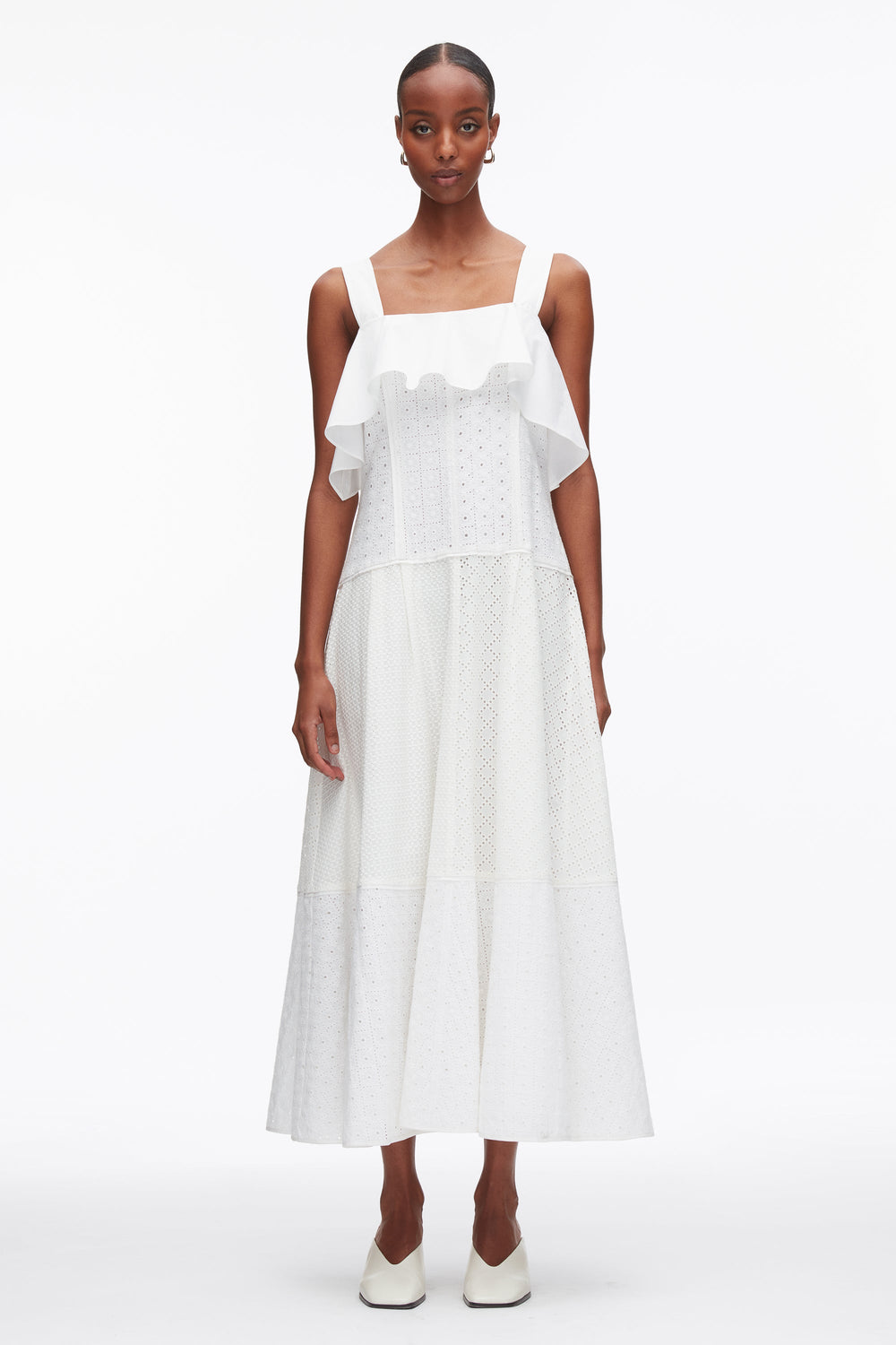 White Broderie Anglaise Patchwork Cascade Midi Dress | 3.1 Phillip Lim