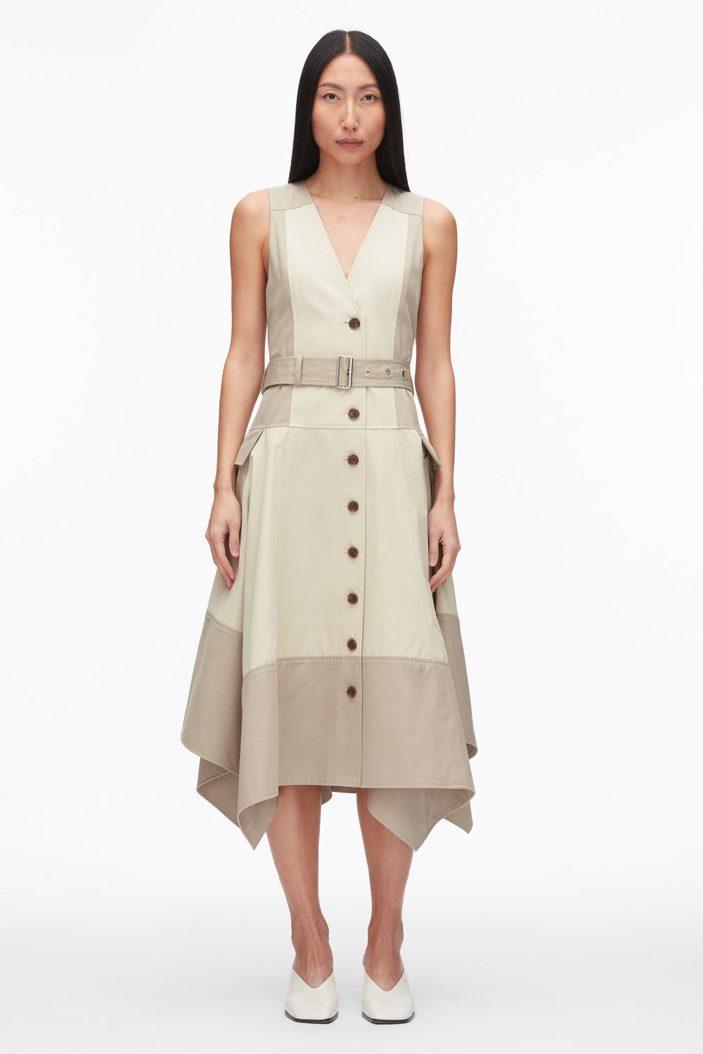 Khaki-Birch Patchwork Sleeveless Belted Utility Dress | 3.1 Phillip Lim