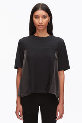 Black-Slate Puff Sleeve Flounce T-Shirt with Satin Panels | 3.1 Phillip Lim