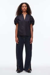 Oxford Blue Ruched Sleeve V-Neck Top | 3.1 Phillip Lim