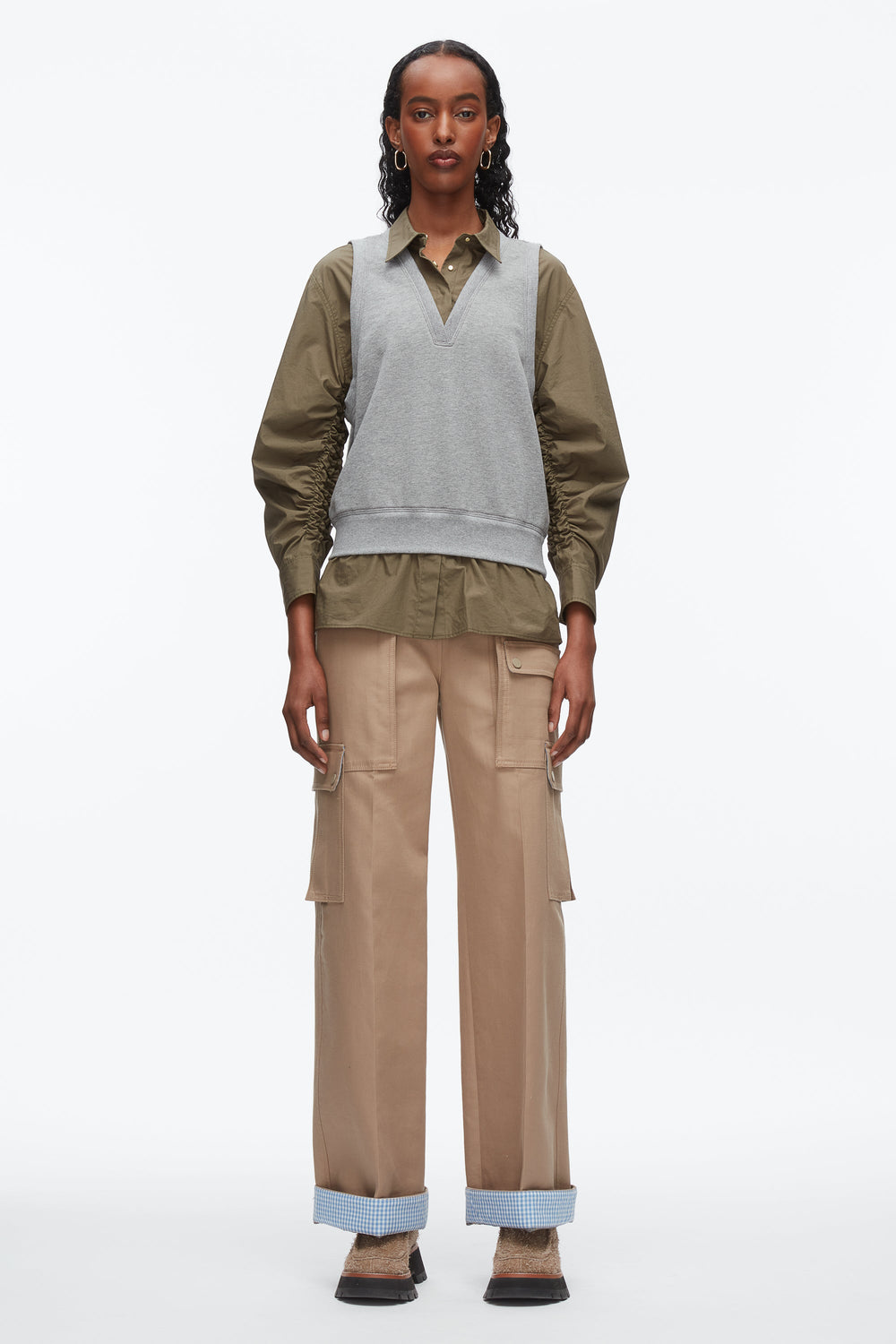 Grey Melange-Army Layered Vest Ruched Sleeve Shirt | 3.1 Phillip Lim