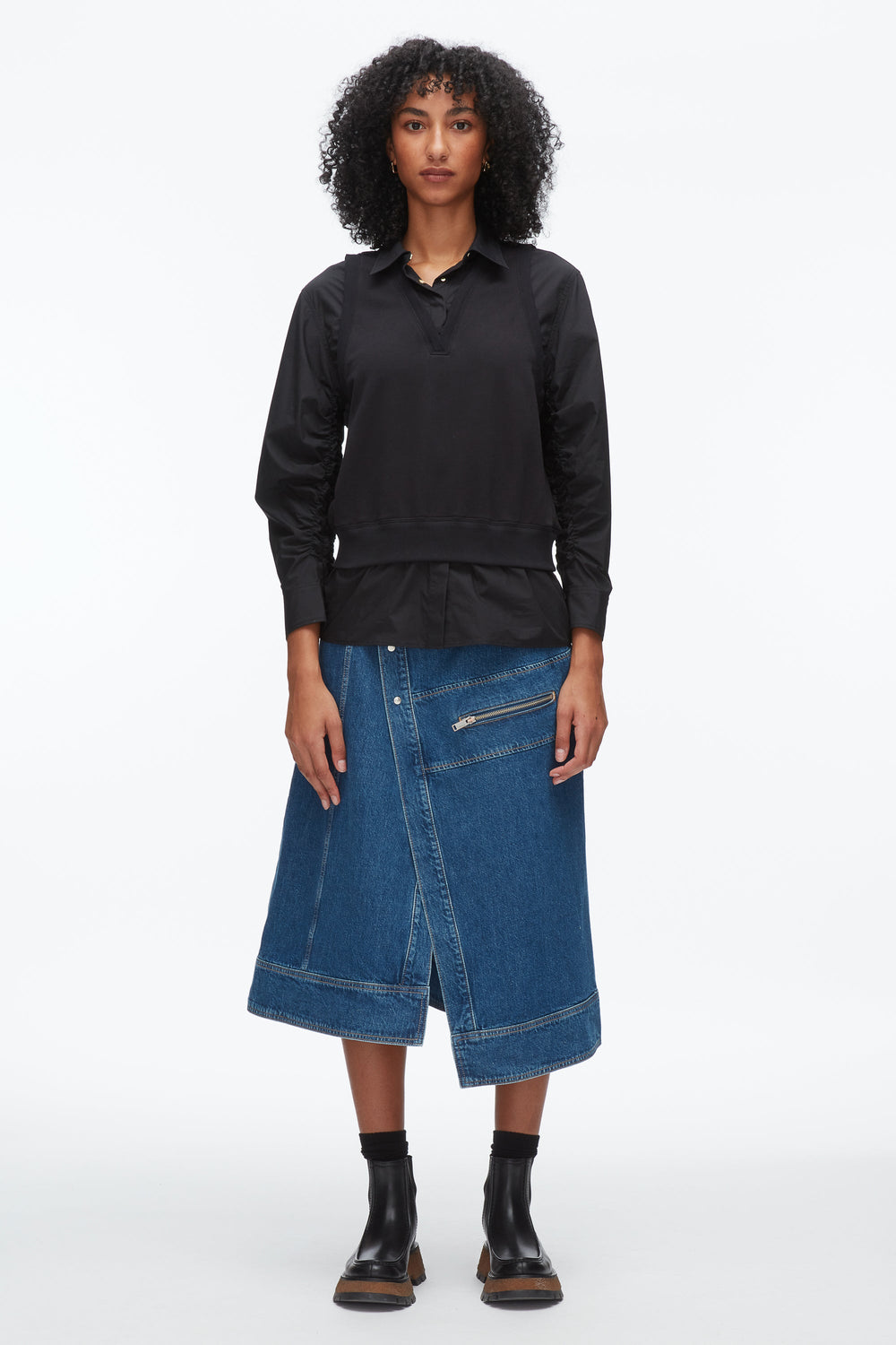 Black-Black Layered Vest Ruched Sleeve Shirt | 3.1 Phillip Lim