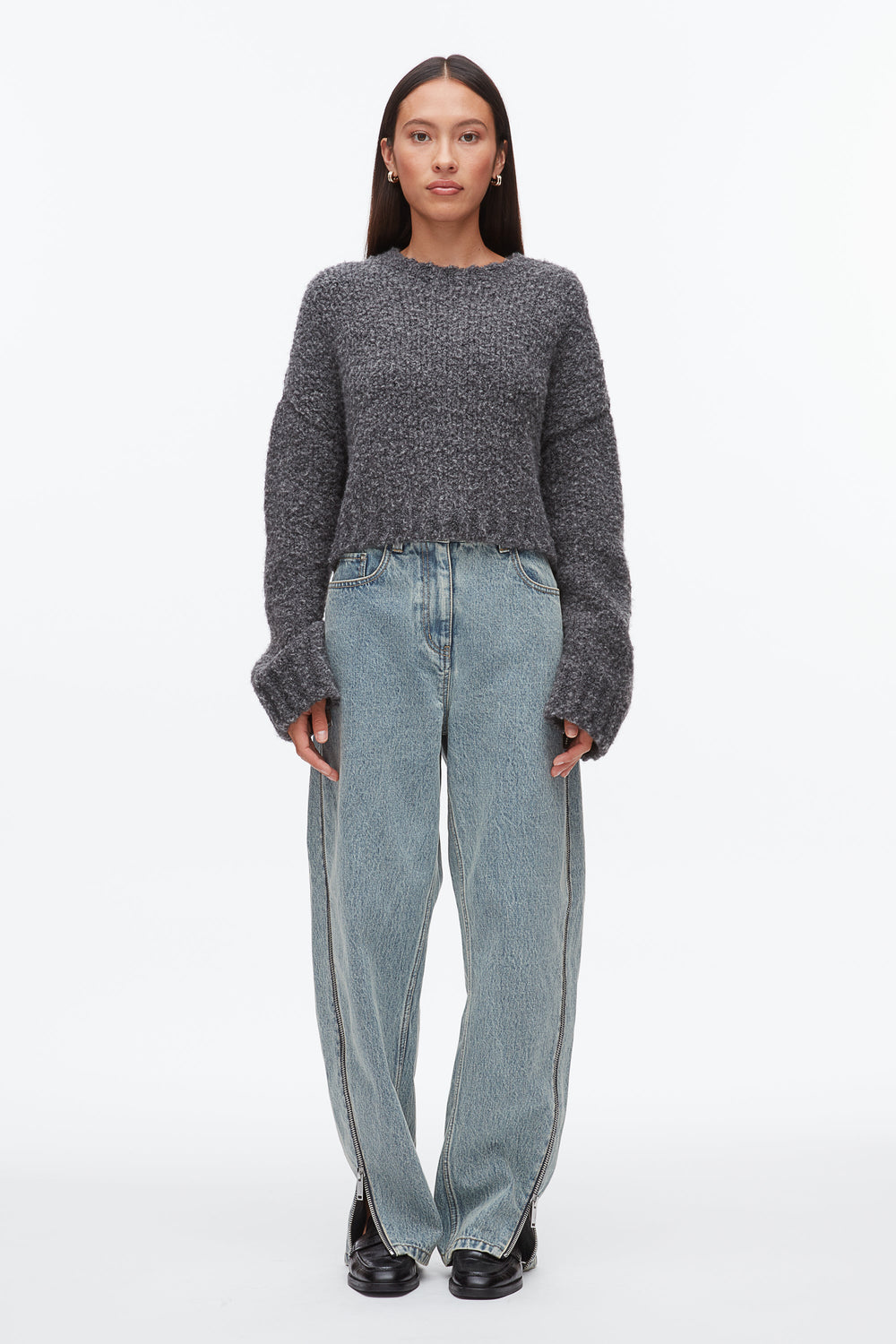 Charcoal Melange Boucle Zipper Crewneck | 3.1 Phillip Lim