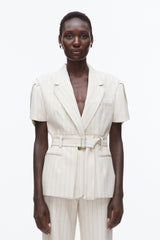 Ecru-Tan Pinstripe Tulip Sleeve Blazer | 3.1 Phillip Lim