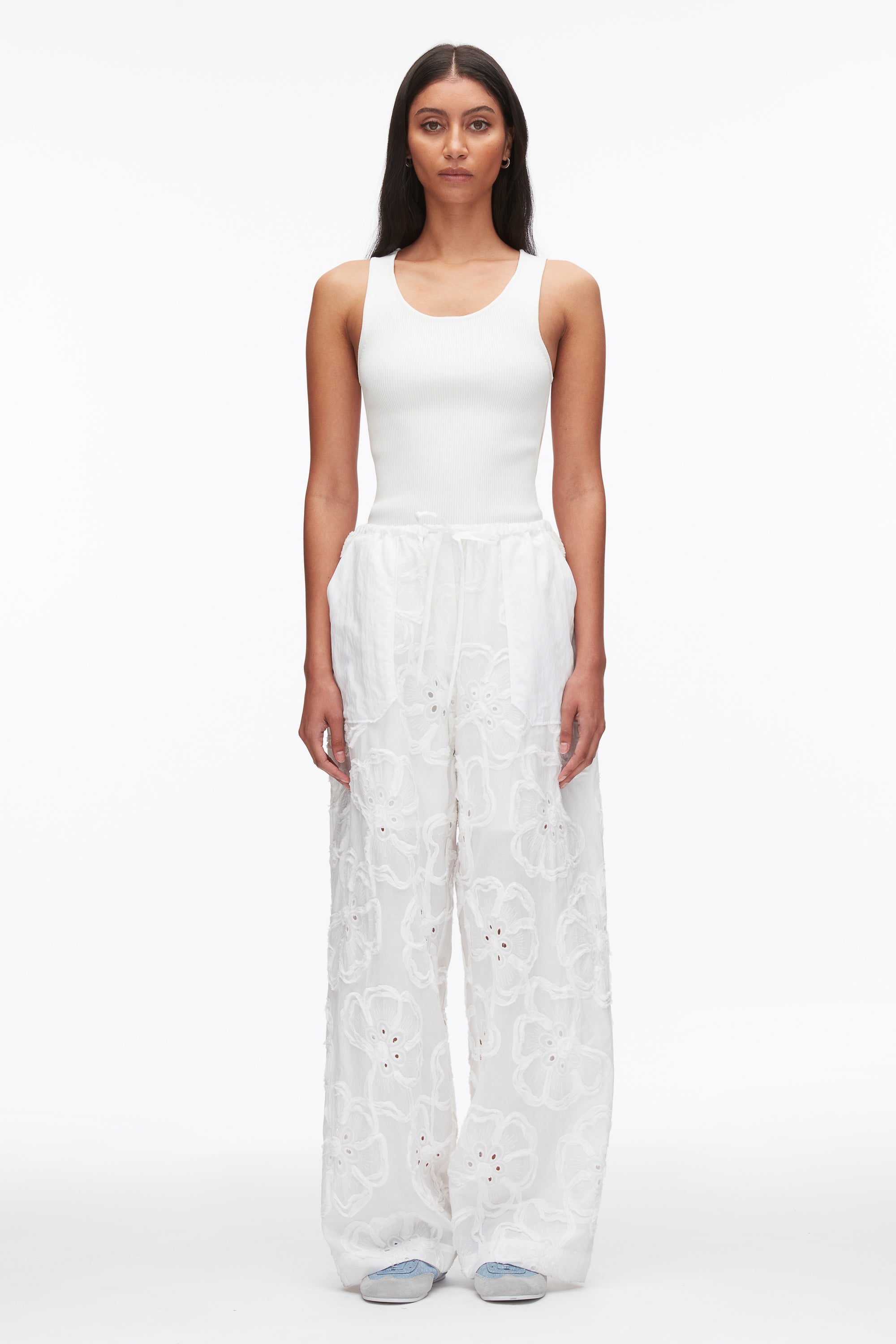 White Embroidered Straight Leg Pull On Pants | 3.1 Phillip Lim