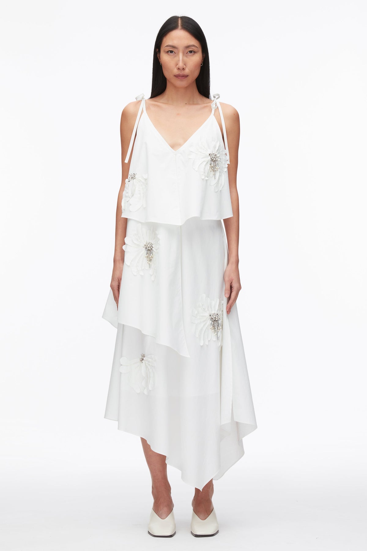 White Layered Midi Dress with Floral Appliqué | 3.1 Phillip Lim