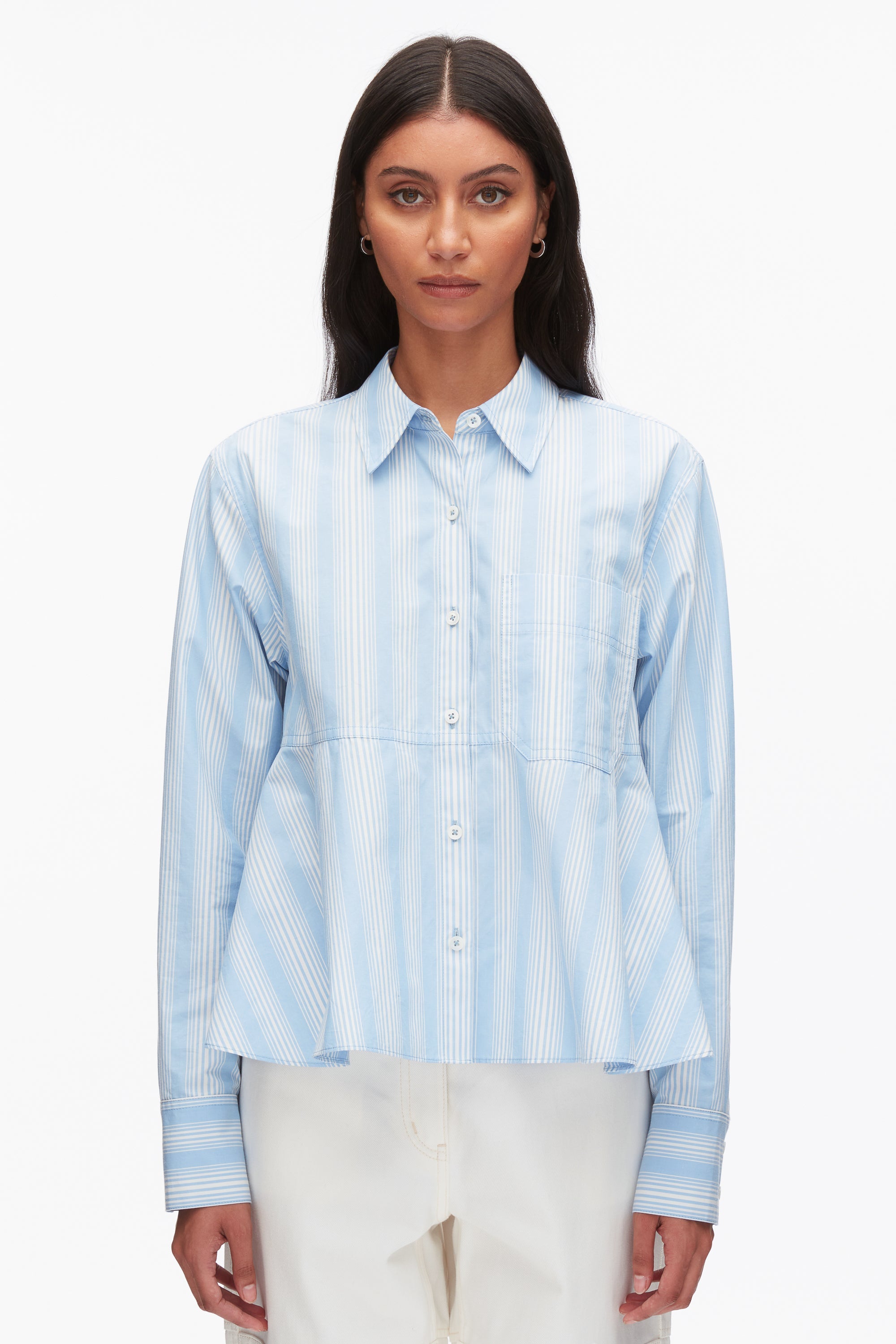 Airy Blue Multi Long Sleeve Striped Flounce Shirt | 3.1 Phillip Lim