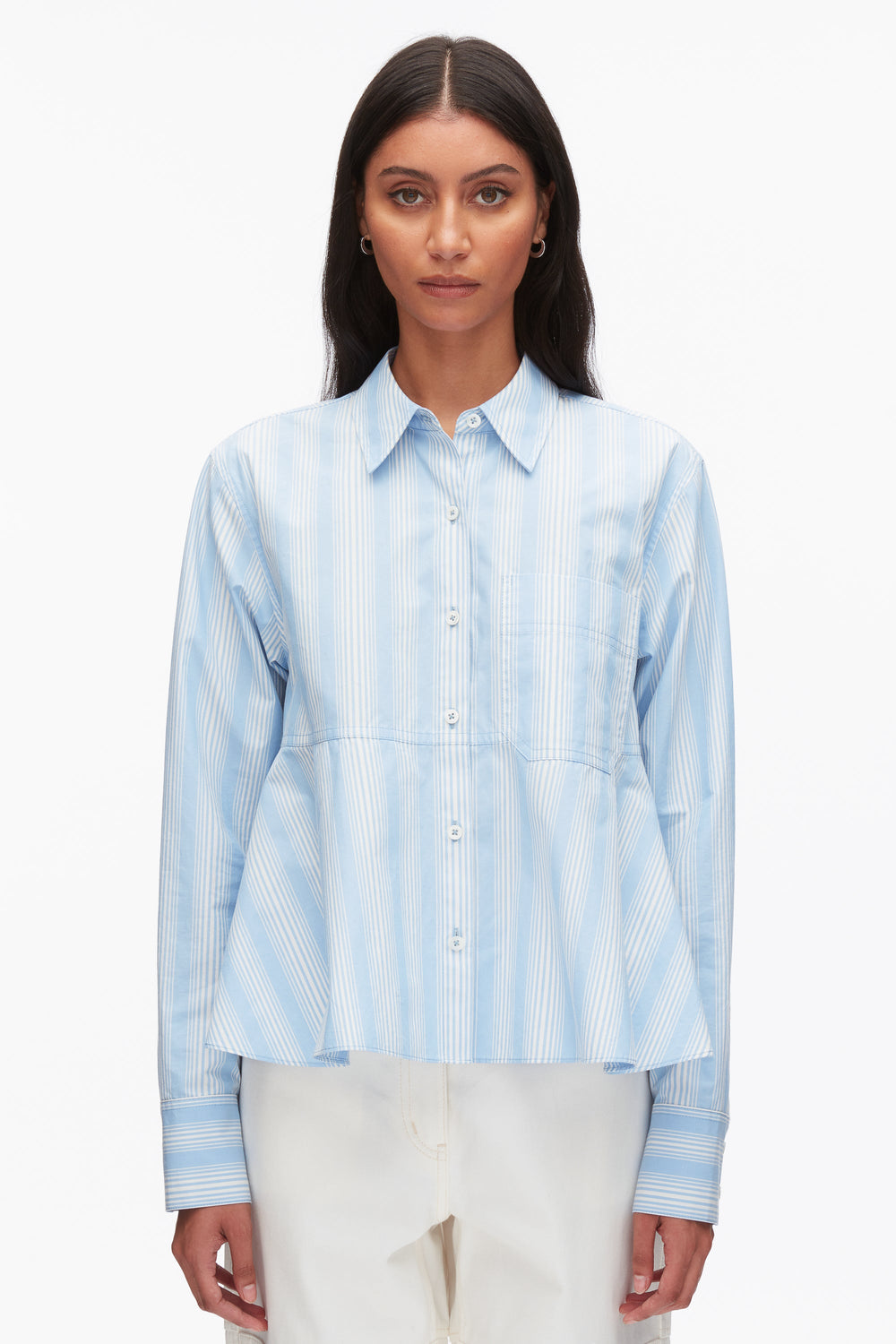Airy Blue Multi Long Sleeve Striped Flounce Shirt | 3.1 Phillip Lim