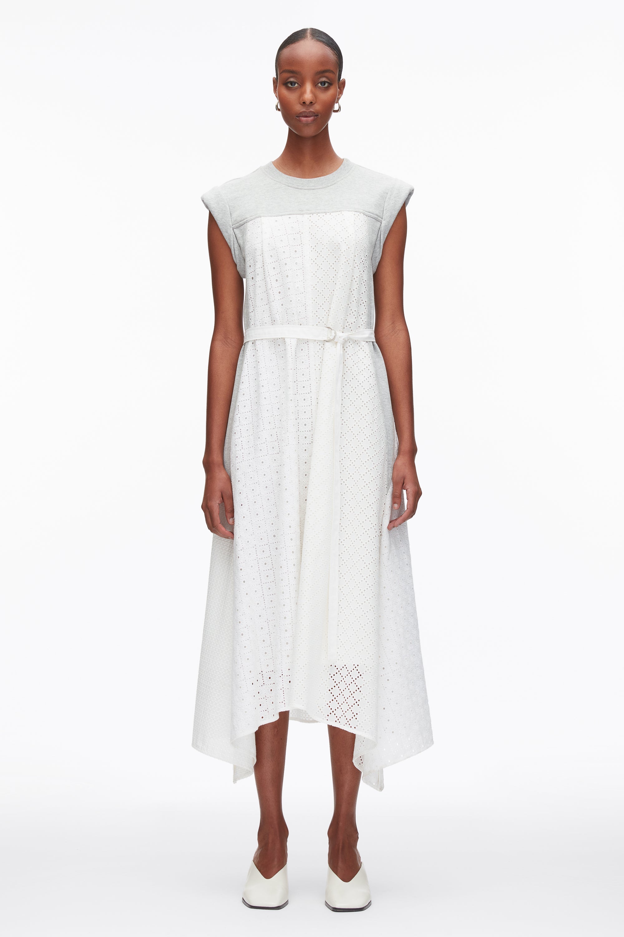 Lt Grey Melange-White Sleeveless French Terry Dress with Broderie Anglaise | 3.1 Phillip Lim