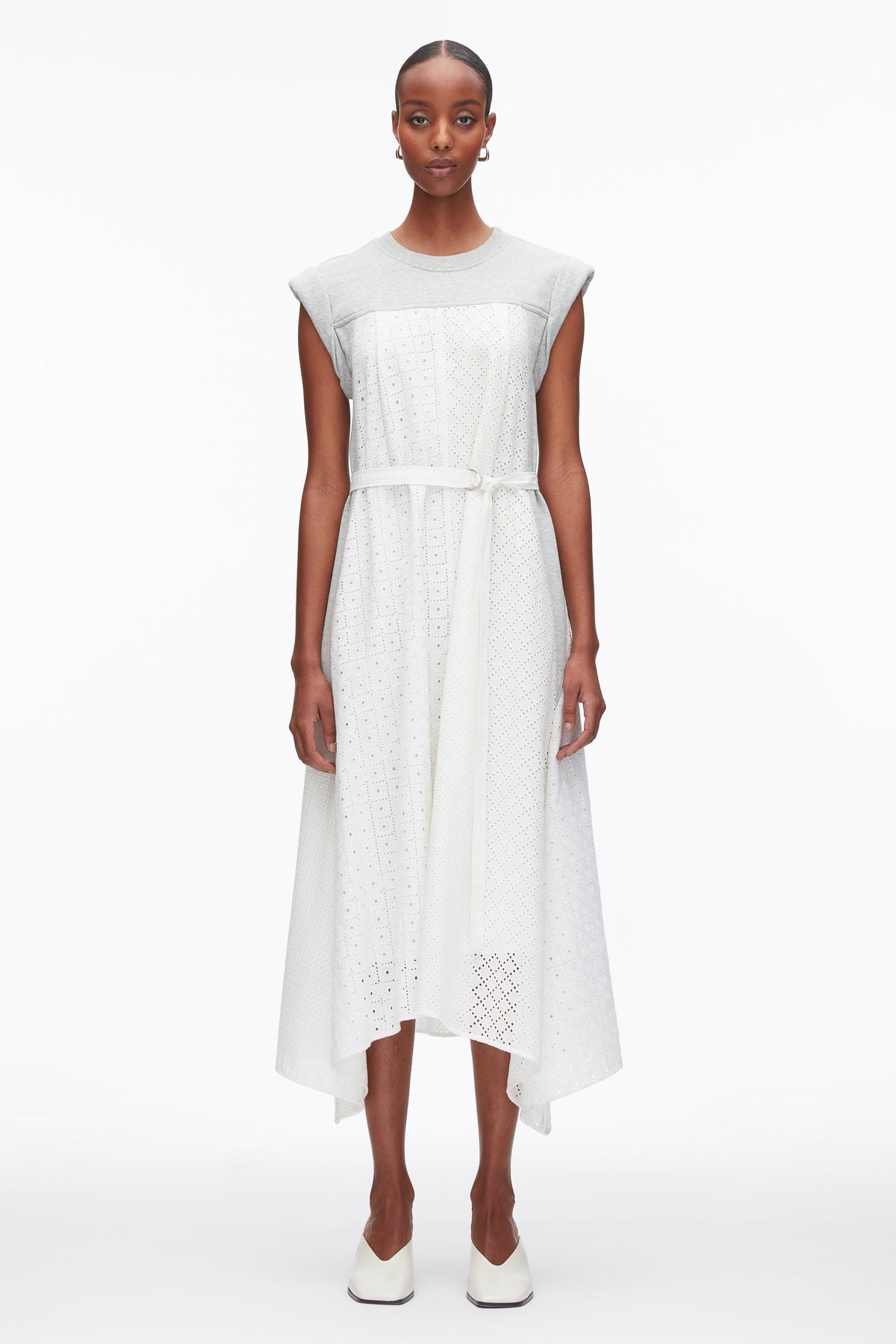 Lt Grey Melange-White Sleeveless French Terry Dress with Broderie Anglaise | 3.1 Phillip Lim
