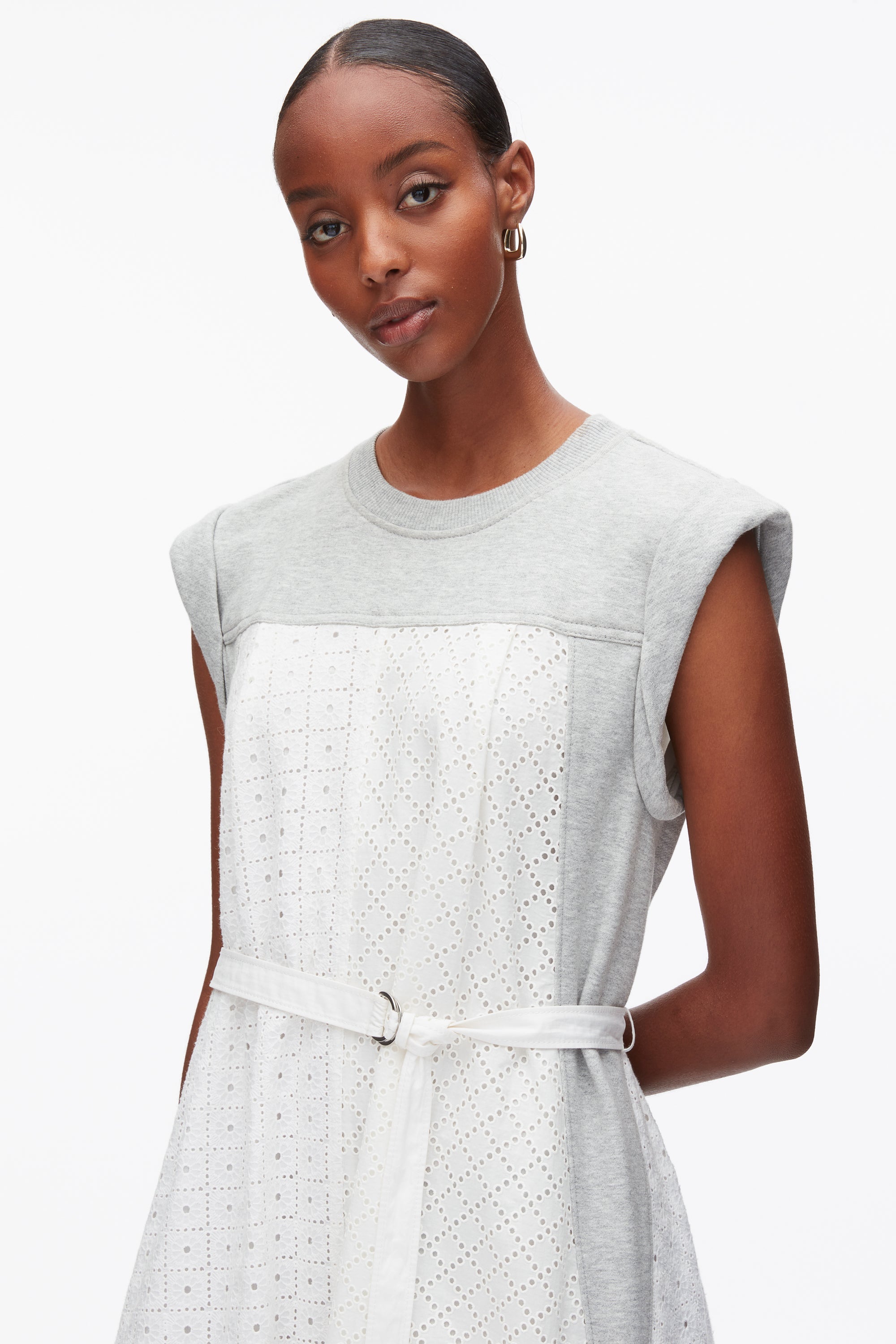 Lt Grey Melange-White Sleeveless French Terry Dress with Broderie Anglaise | 3.1 Phillip Lim