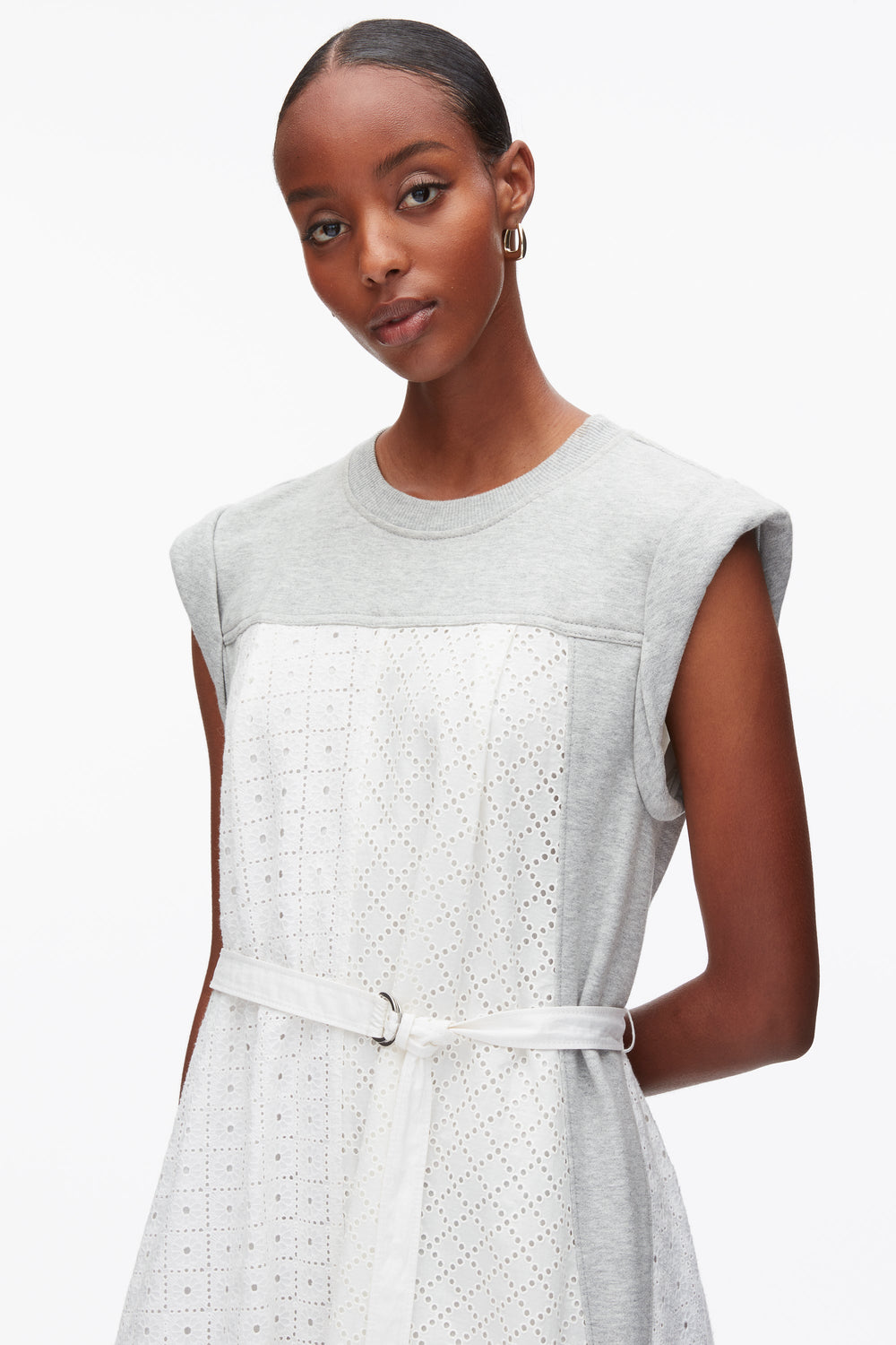 Lt Grey Melange-White Sleeveless French Terry Dress with Broderie Anglaise | 3.1 Phillip Lim
