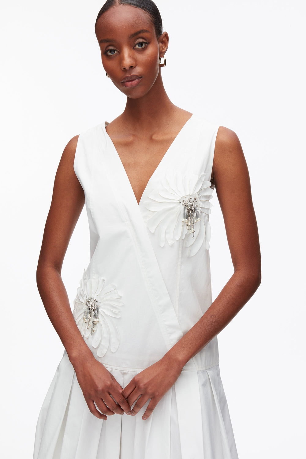 White Draped Tank Dress with Floral Appliqué | 3.1 Phillip Lim