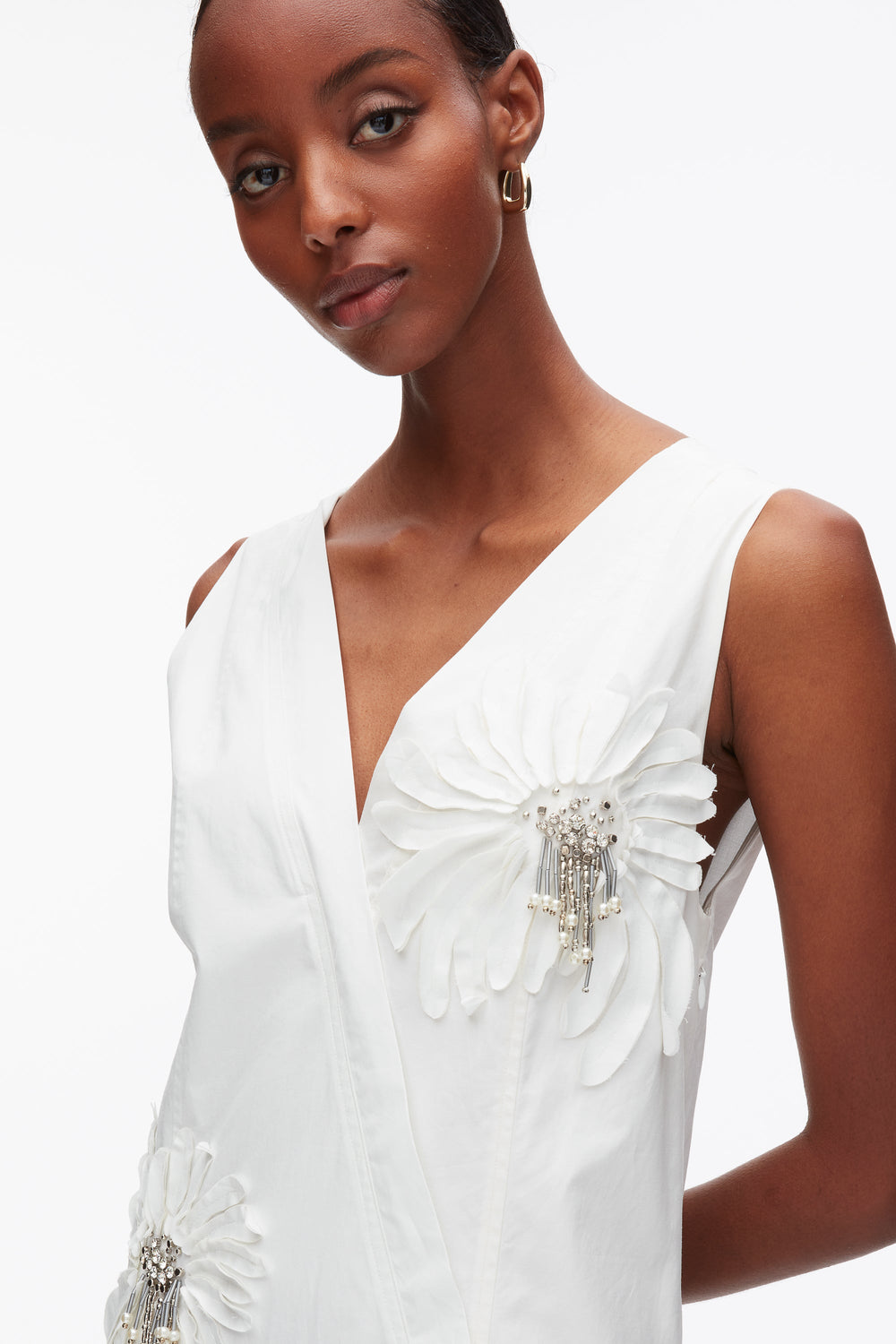 White Draped Tank Dress with Floral Appliqué | 3.1 Phillip Lim