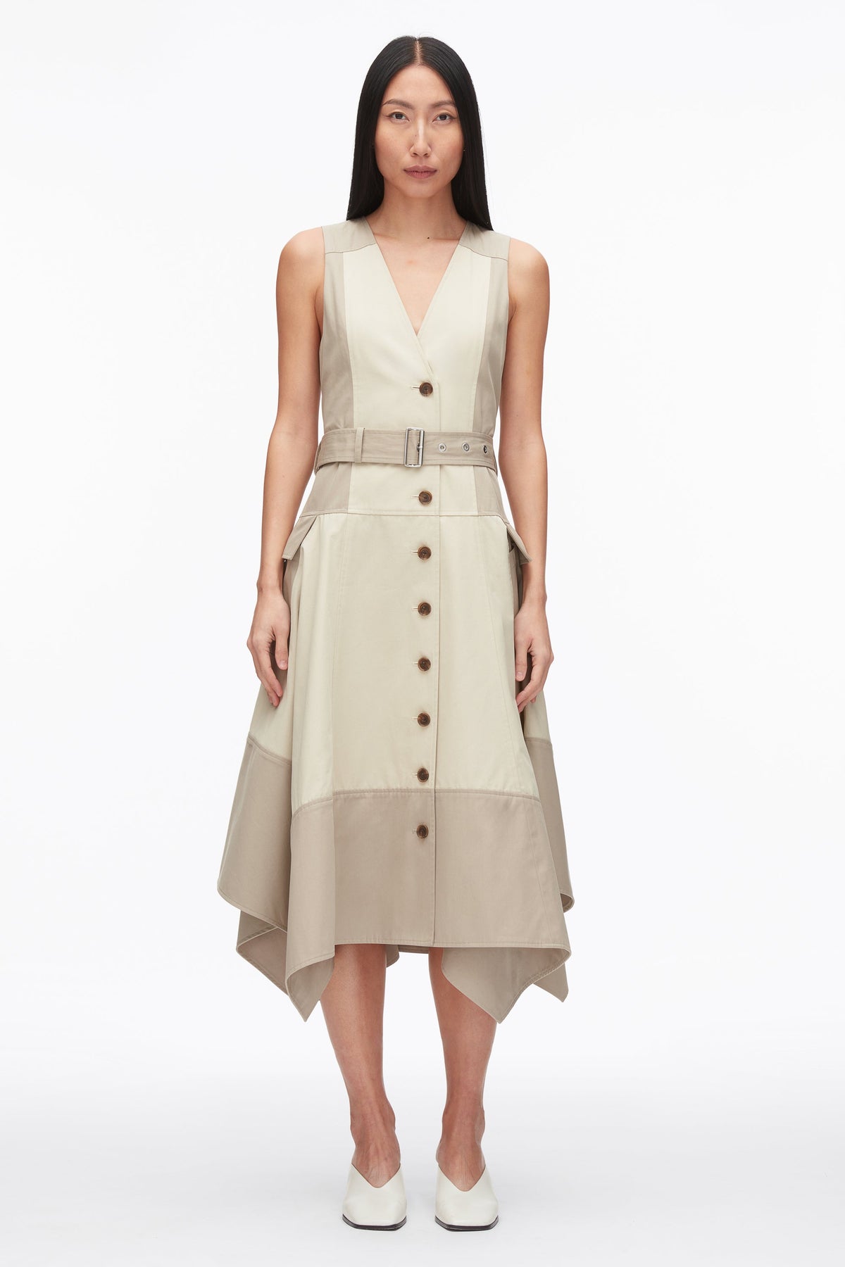 Khaki-Birch Patchwork Sleeveless Belted Utility Dress | 3.1 Phillip Lim