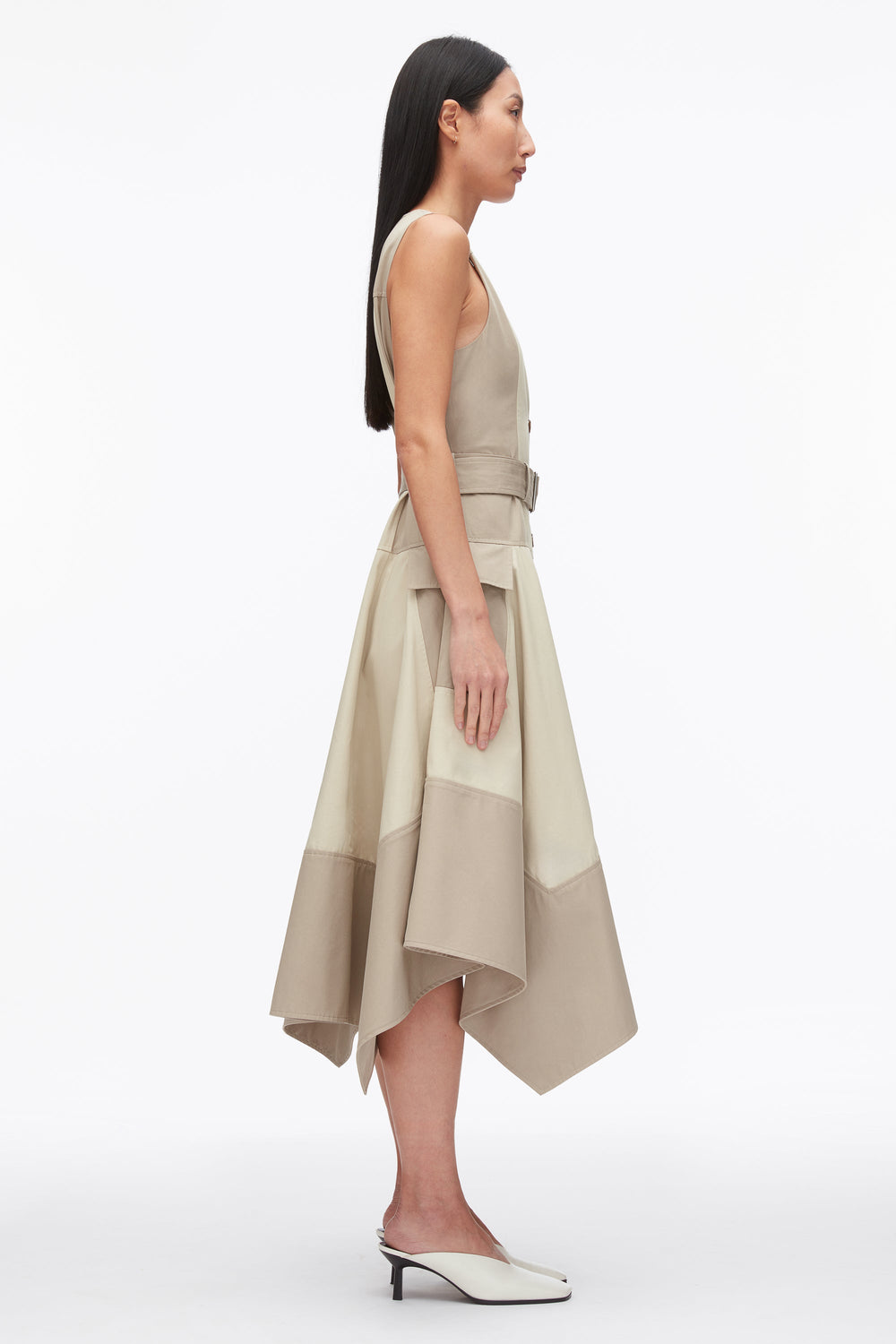 Khaki-Birch Patchwork Sleeveless Belted Utility Dress | 3.1 Phillip Lim