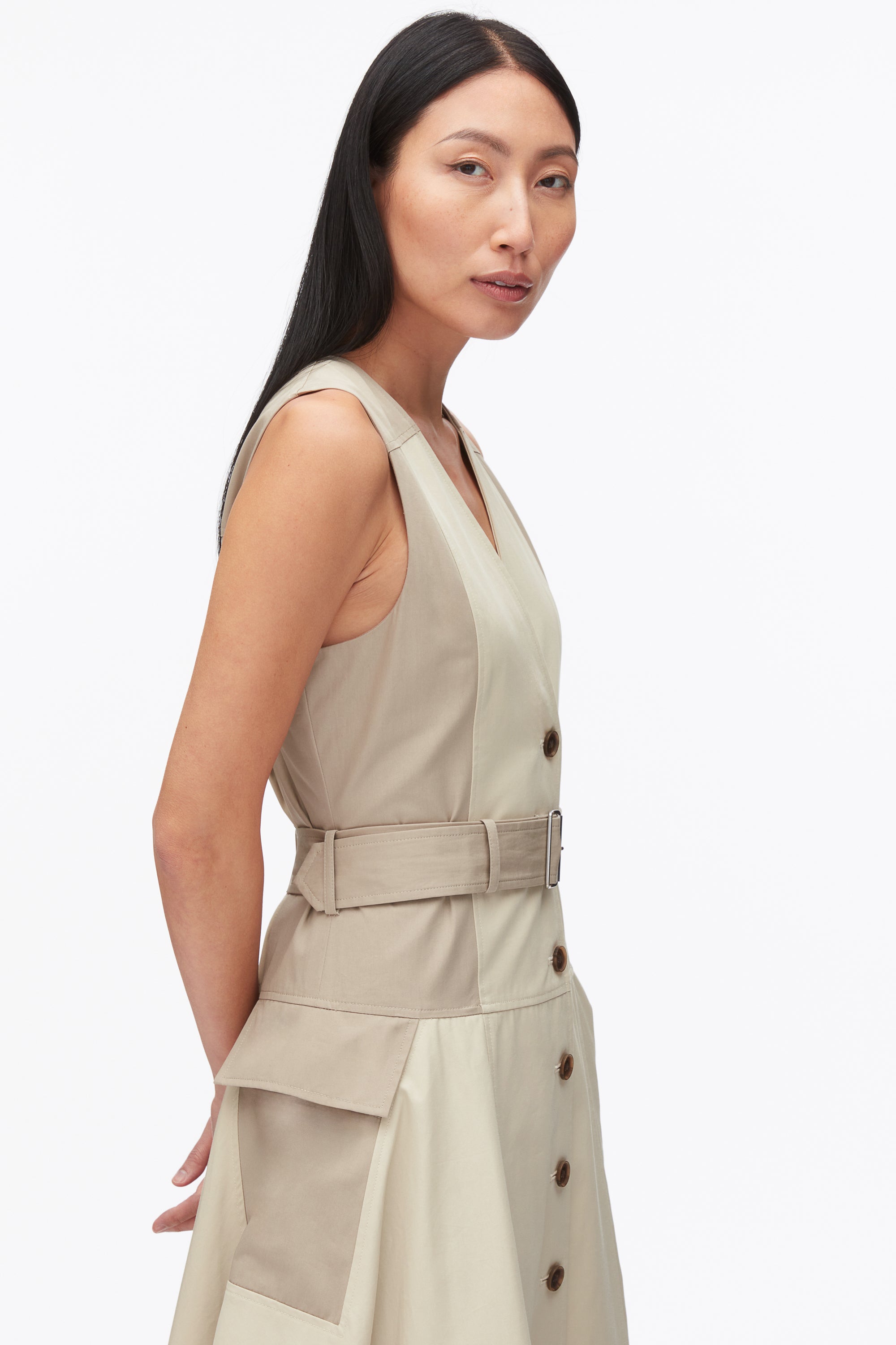 Khaki-Birch Patchwork Sleeveless Belted Utility Dress | 3.1 Phillip Lim