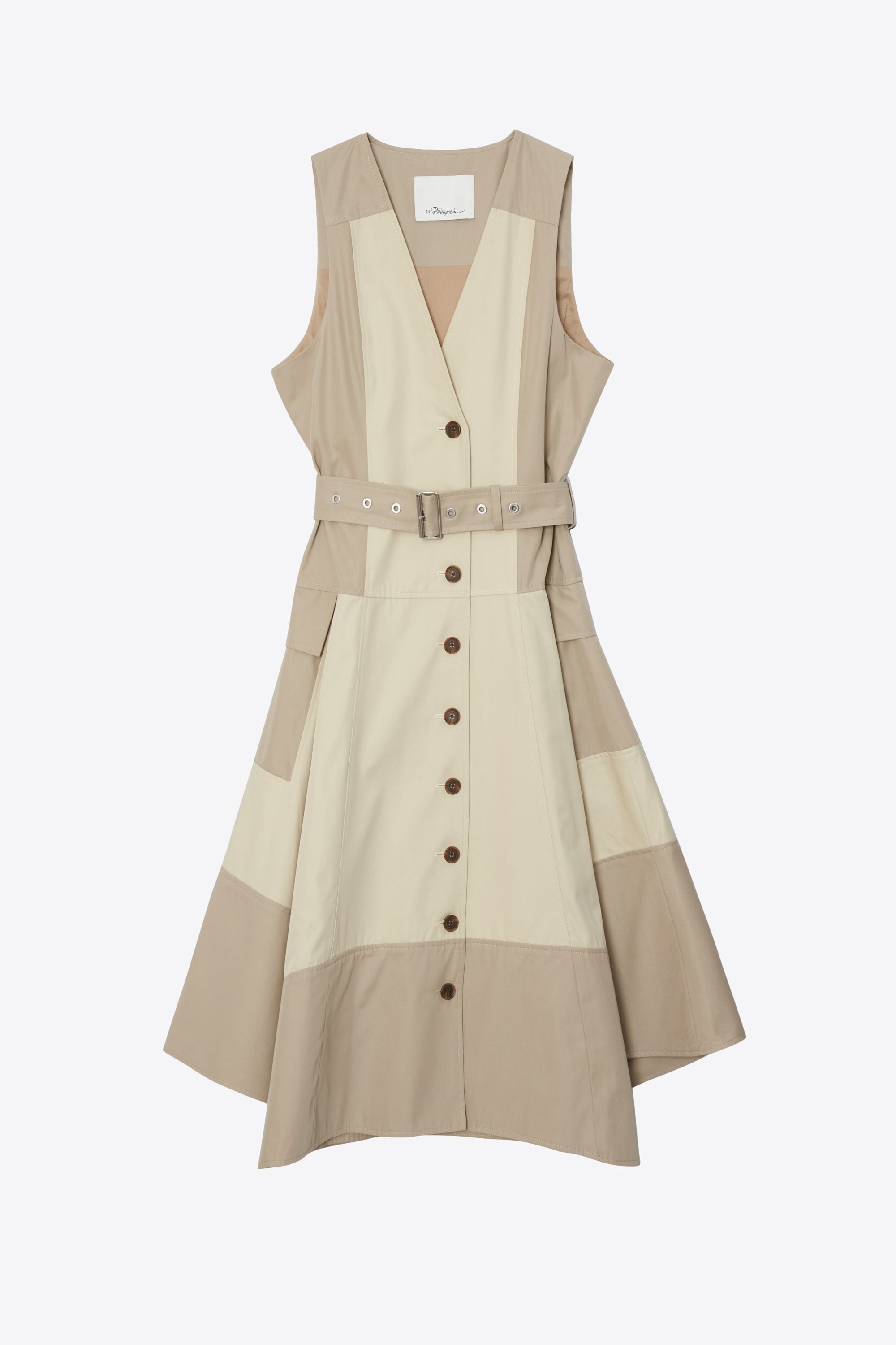 Khaki-Birch Patchwork Sleeveless Belted Utility Dress | 3.1 Phillip Lim