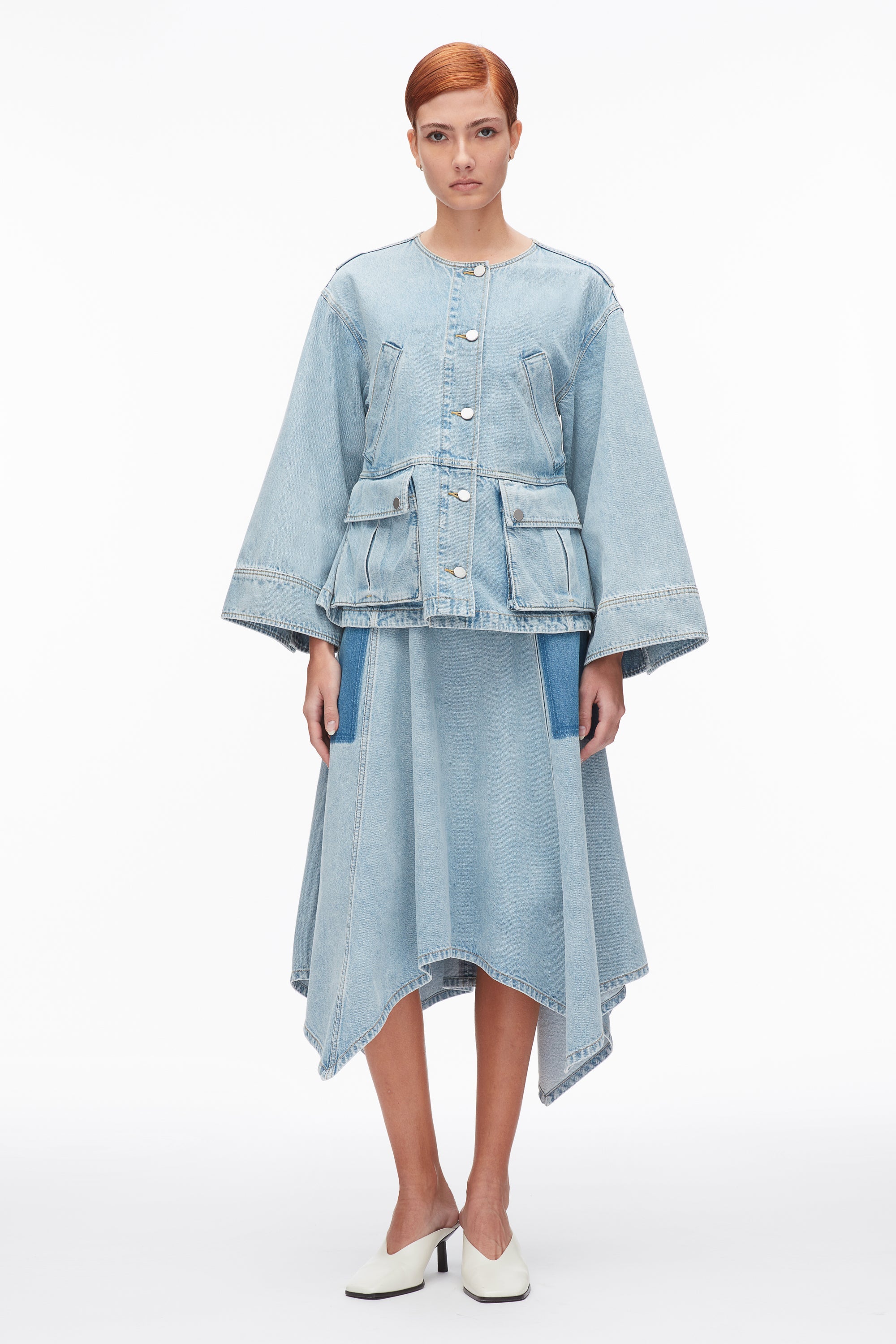 Light Blue Collarless Trapeze Denim Jacket | 3.1 Phillip Lim