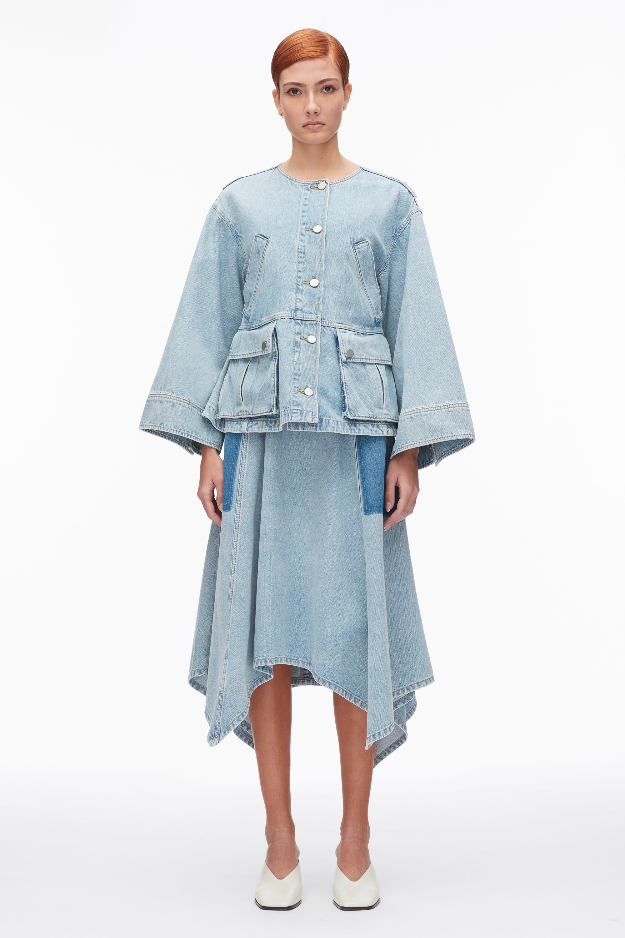 Light Blue Collarless Trapeze Denim Jacket | 3.1 Phillip Lim