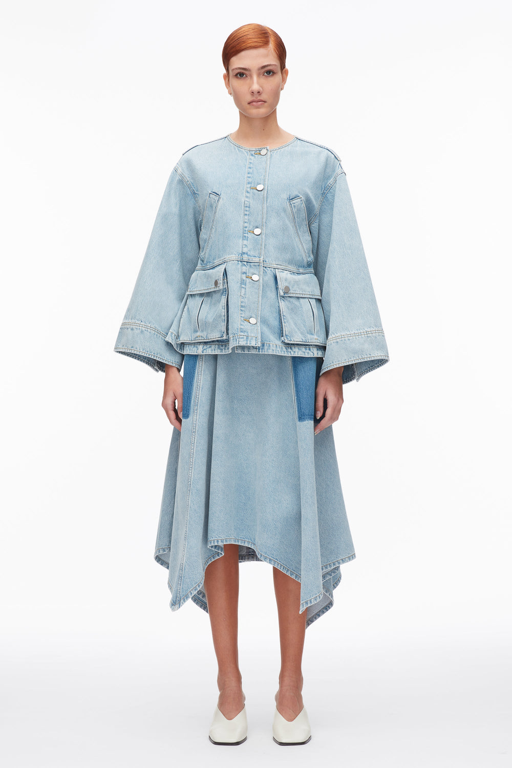 Light Blue Collarless Trapeze Denim Jacket | 3.1 Phillip Lim