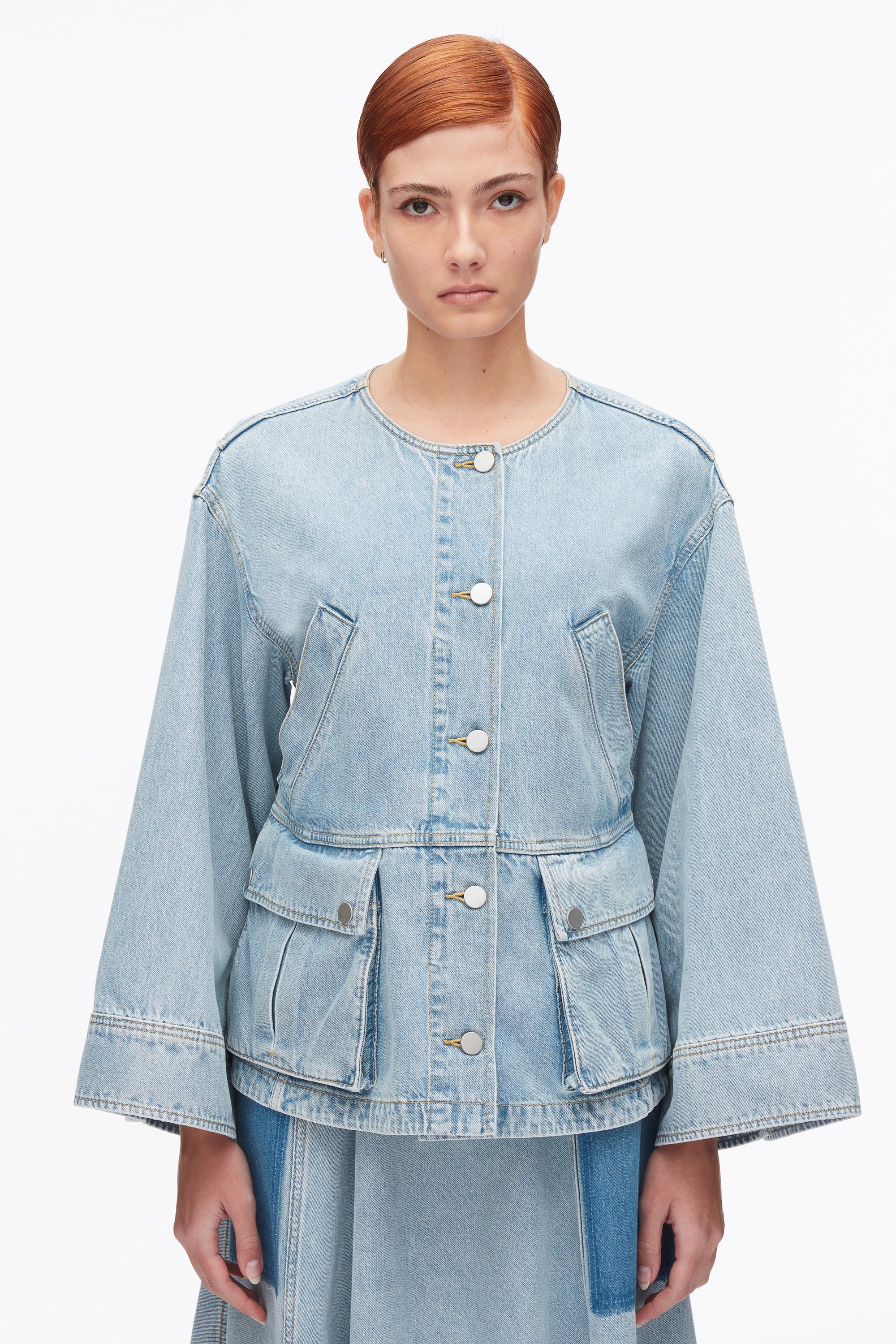Light Blue Collarless Trapeze Denim Jacket | 3.1 Phillip Lim