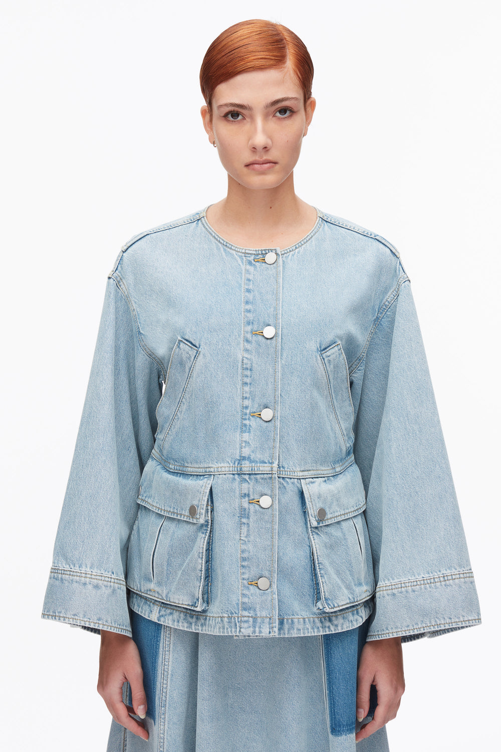 Light Blue Collarless Trapeze Denim Jacket | 3.1 Phillip Lim