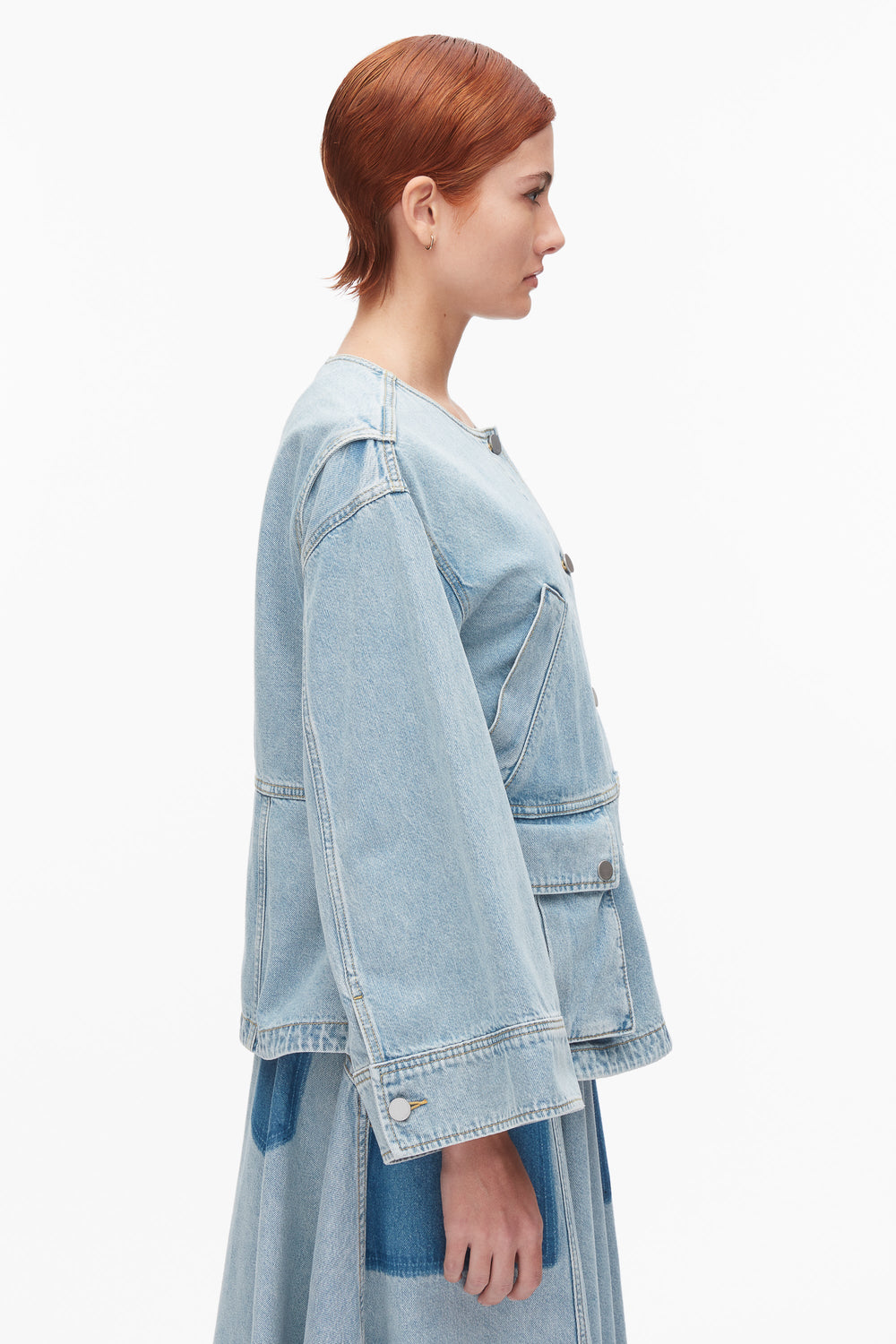 Light Blue Collarless Trapeze Denim Jacket | 3.1 Phillip Lim