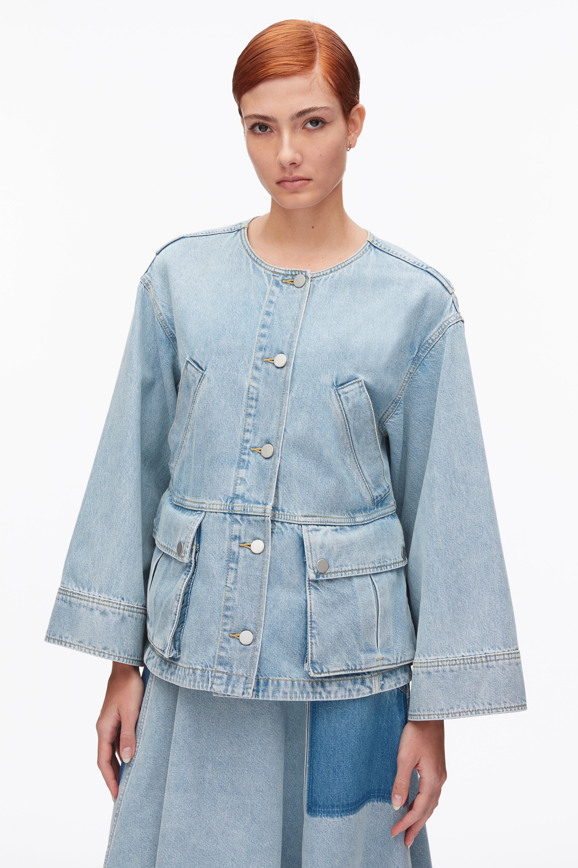 Light Blue Collarless Trapeze Denim Jacket | 3.1 Phillip Lim