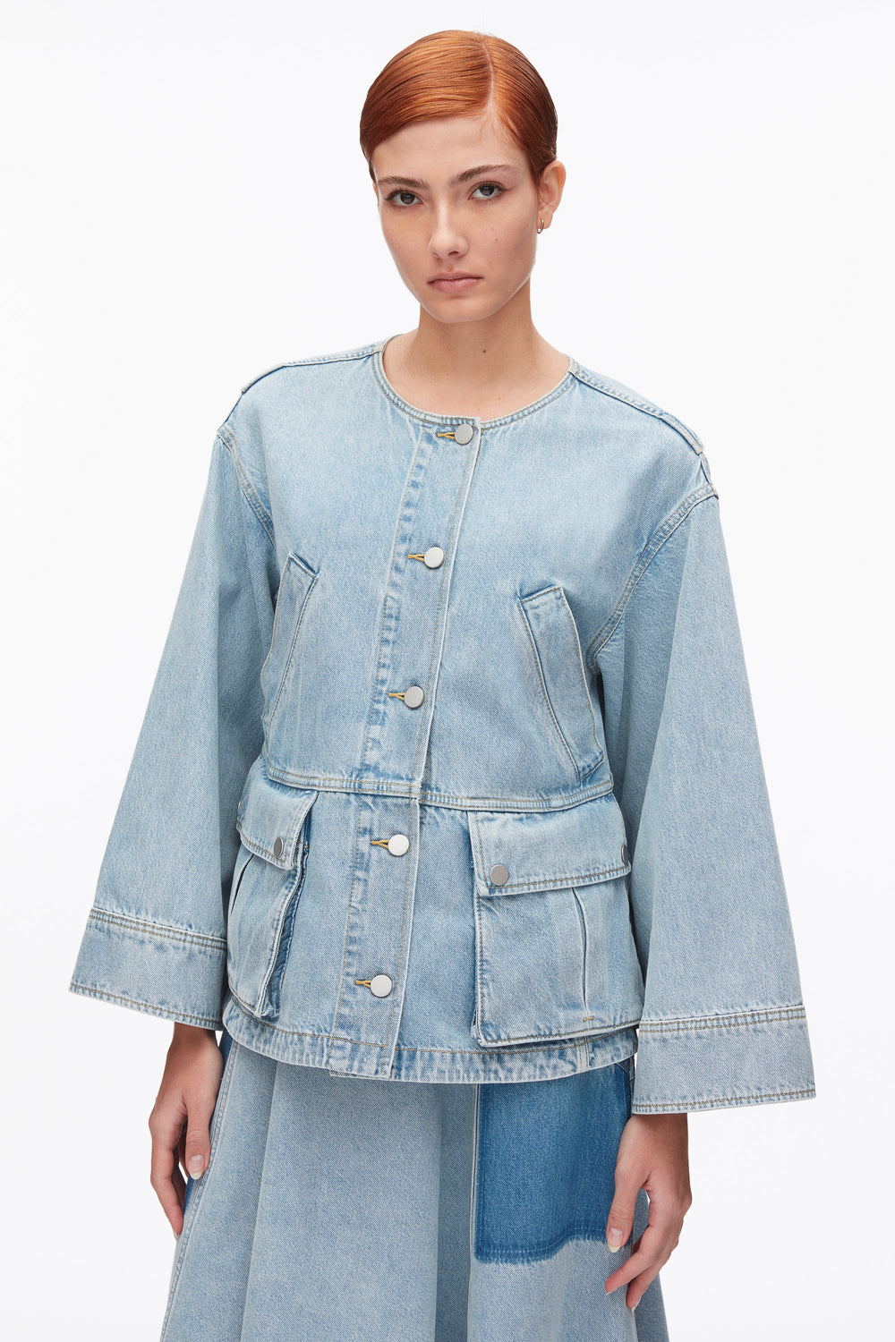 Light Blue Collarless Trapeze Denim Jacket | 3.1 Phillip Lim