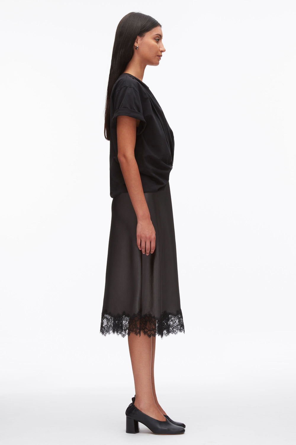 Black-Slate Draped Combo T-Shirt Dress with Lace Trim | 3.1 Phillip Lim