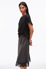 Black-Slate Draped Combo T-Shirt Dress with Lace Trim | 3.1 Phillip Lim