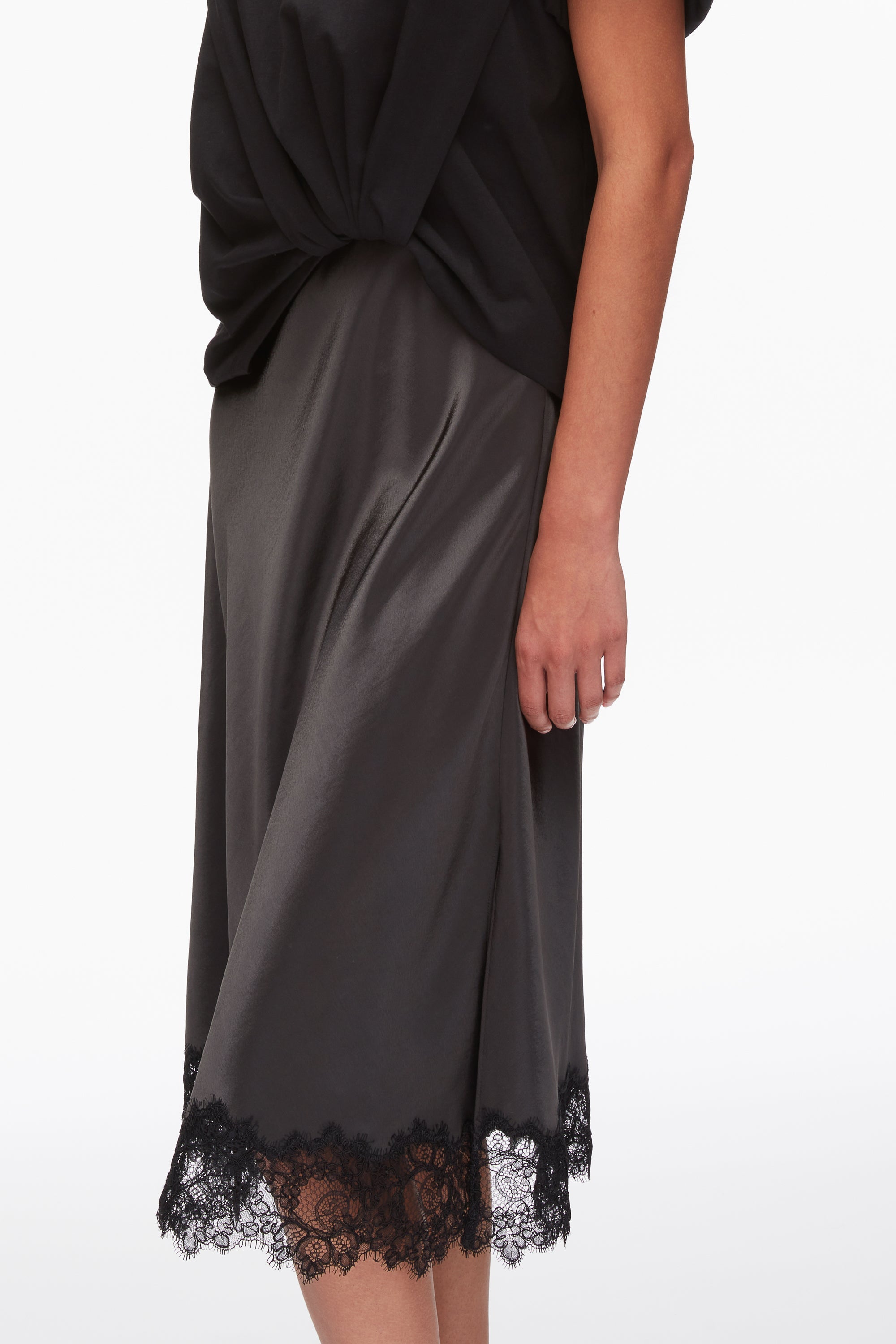 Black-Slate Draped Combo T-Shirt Dress with Lace Trim | 3.1 Phillip Lim