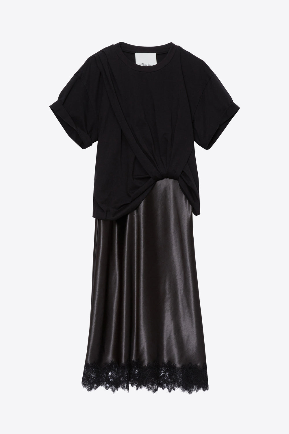 Black-Slate Draped Combo T-Shirt Dress with Lace Trim | 3.1 Phillip Lim