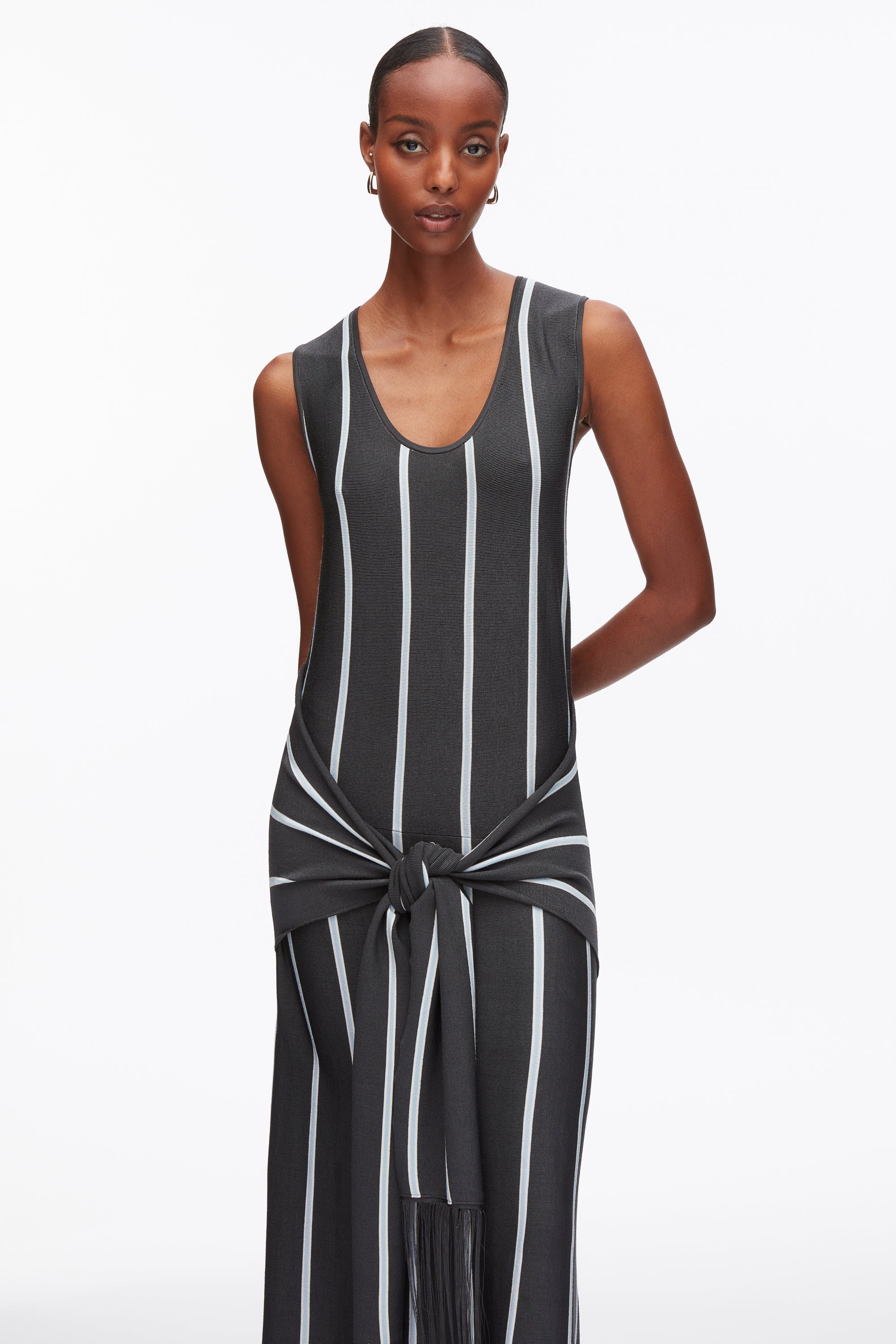 Slate Multi Stripe Midi Dress with Fringe Waist Tie | 3.1 Phillip Lim