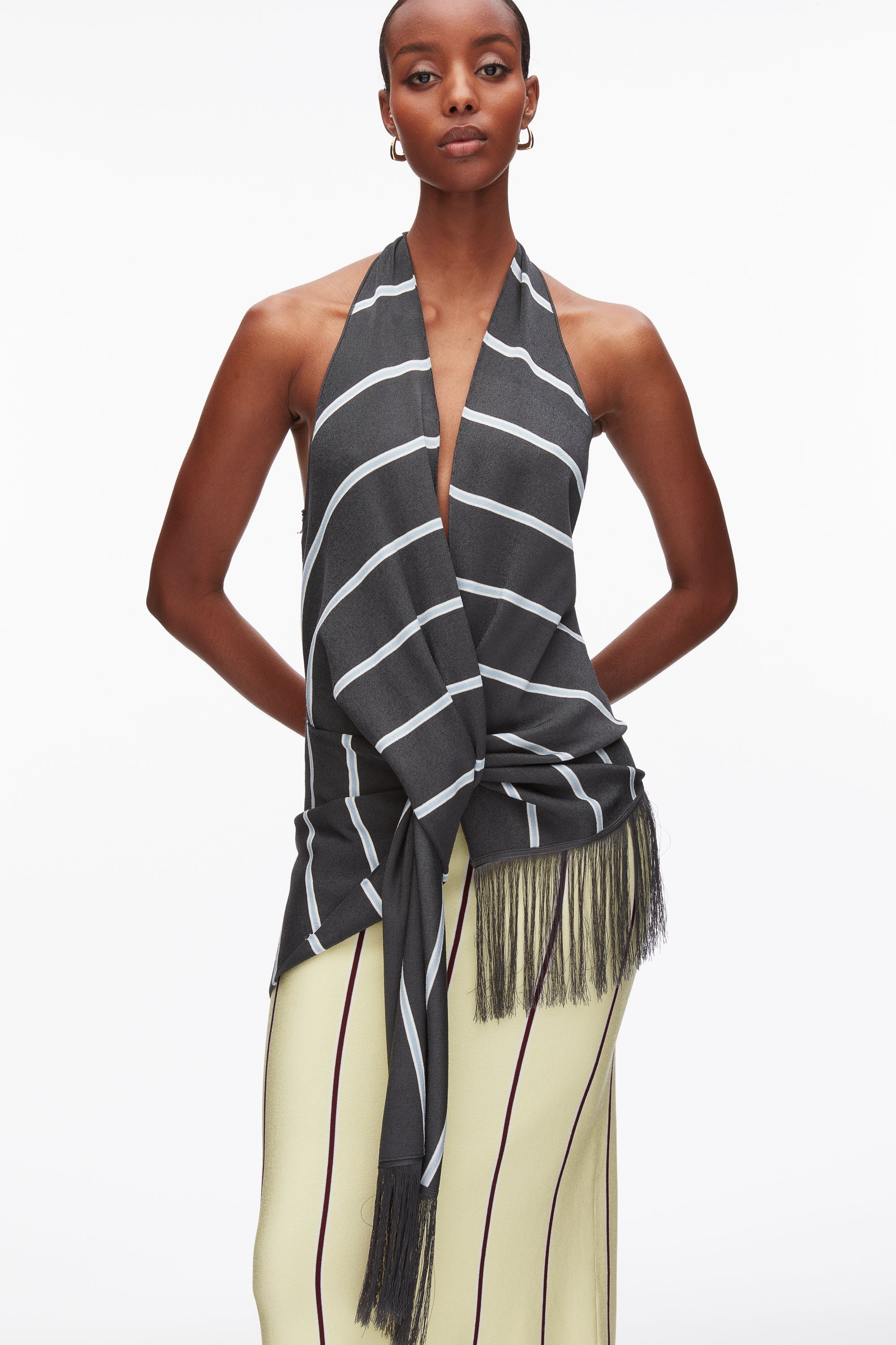 Slate Multi Draped Stripe Halter Top with Fringe | 3.1 Phillip Lim