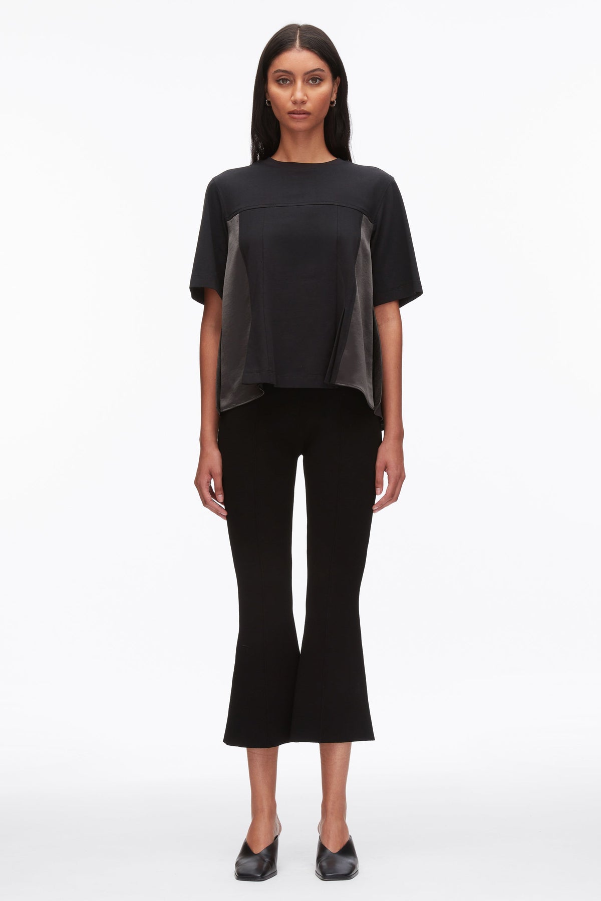 Black-Slate Puff Sleeve Flounce T-Shirt with Satin Panels | 3.1 Phillip Lim