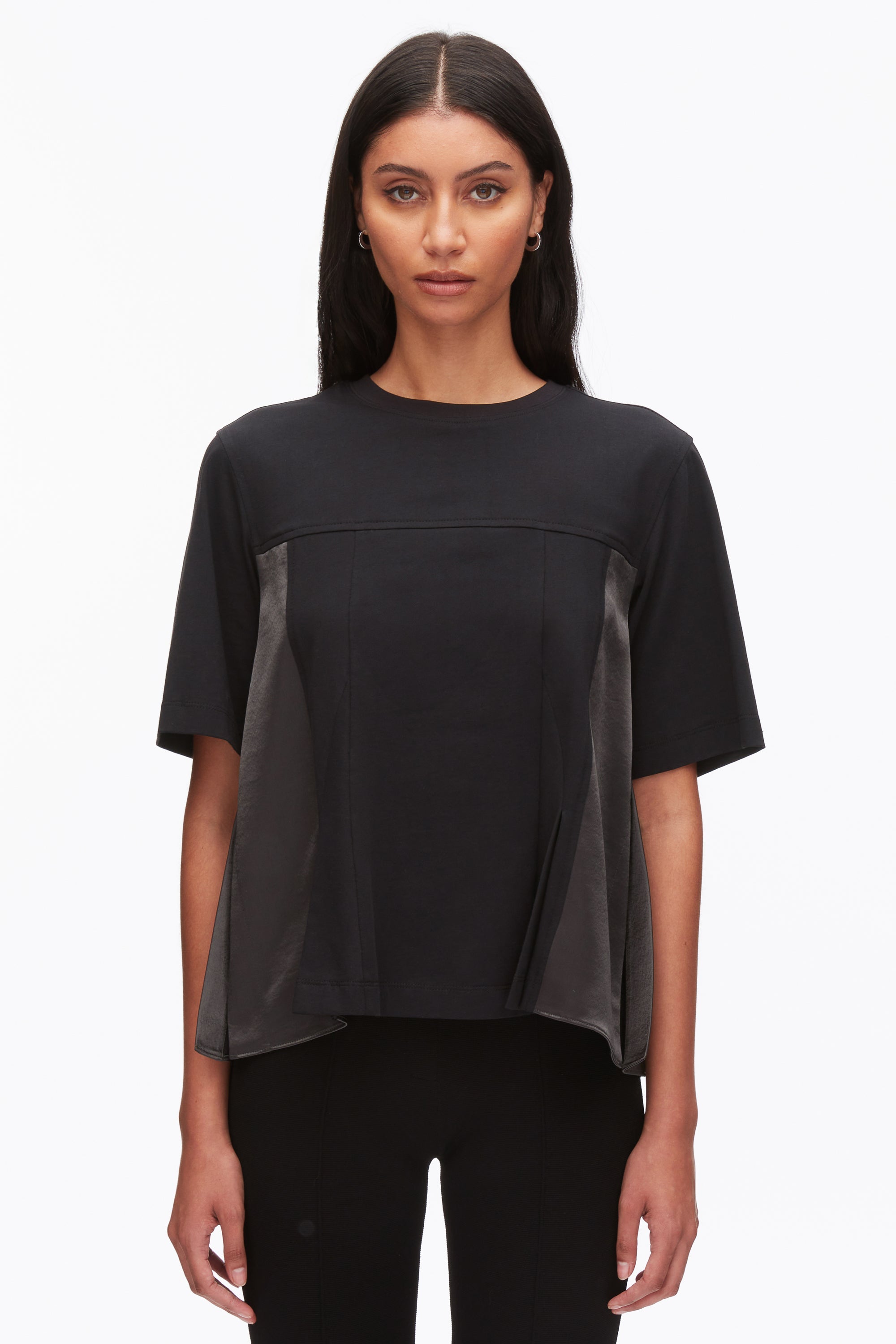 Black-Slate Puff Sleeve Flounce T-Shirt with Satin Panels | 3.1 Phillip Lim