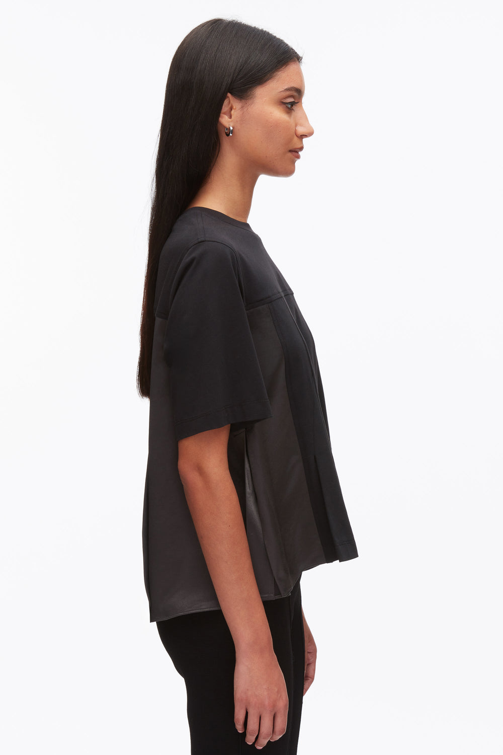 Black-Slate Puff Sleeve Flounce T-Shirt with Satin Panels | 3.1 Phillip Lim