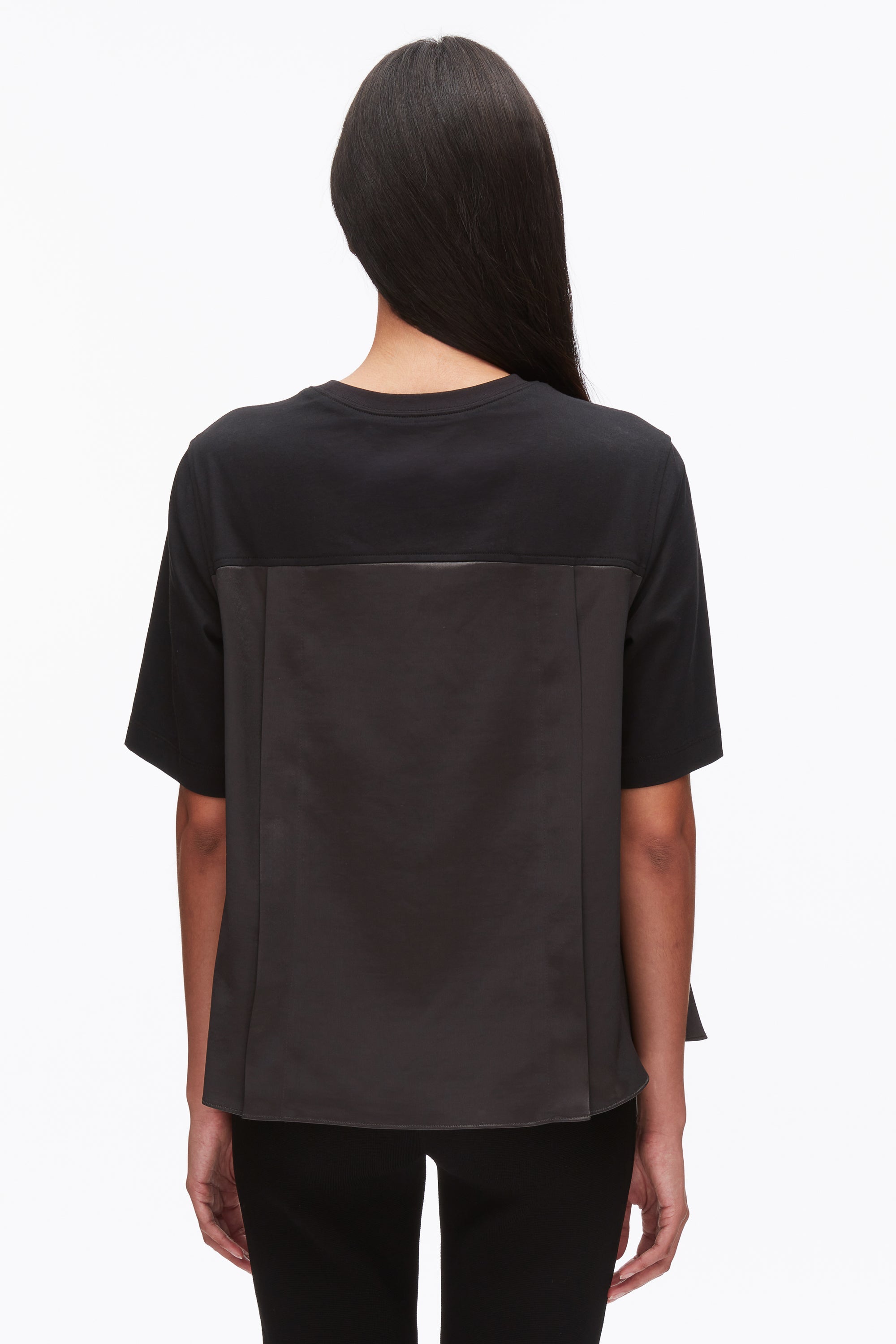 Black-Slate Puff Sleeve Flounce T-Shirt with Satin Panels | 3.1 Phillip Lim