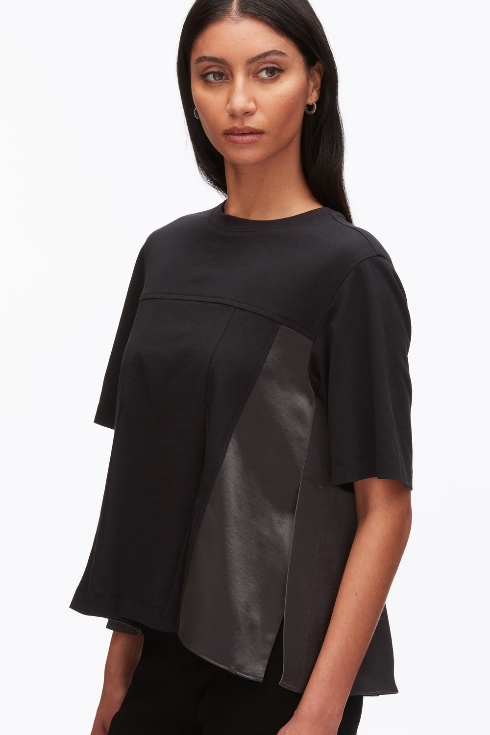 Black-Slate Puff Sleeve Flounce T-Shirt with Satin Panels | 3.1 Phillip Lim