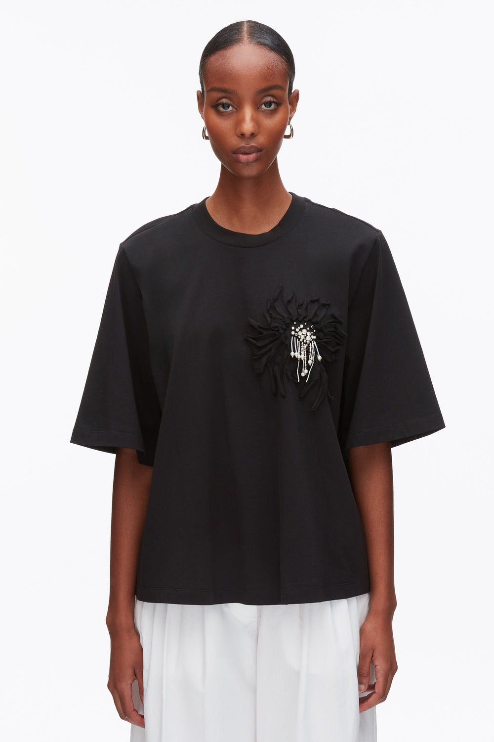 Black Trapeze T-Shirt with Floral Appliqué | 3.1 Phillip Lim