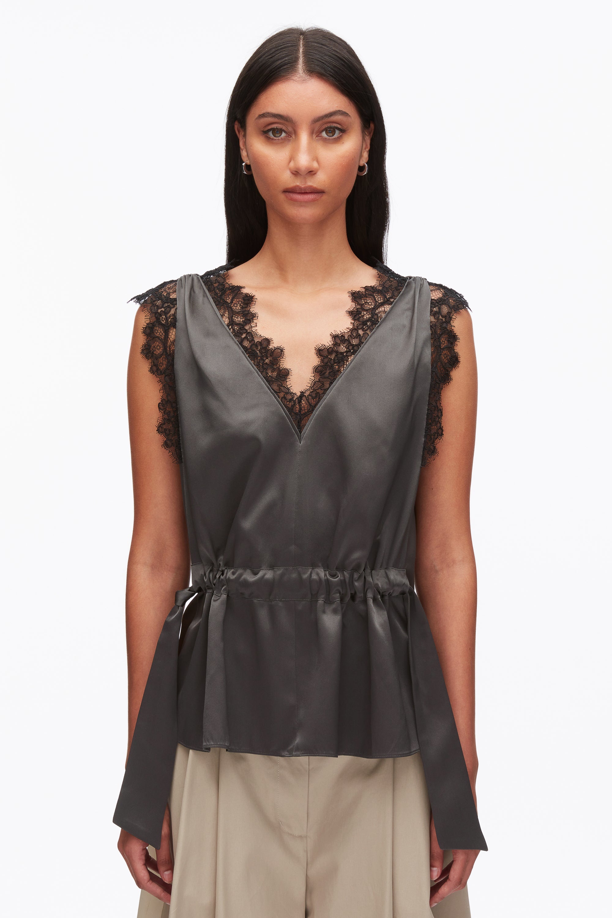 Slate Sleeveless Satin V-Neck with Lace Trim | 3.1 Phillip Lim