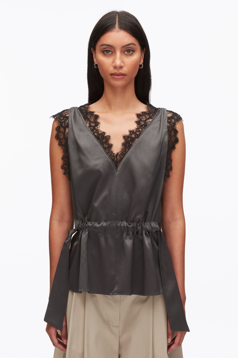 Slate Sleeveless Satin V-Neck with Lace Trim | 3.1 Phillip Lim