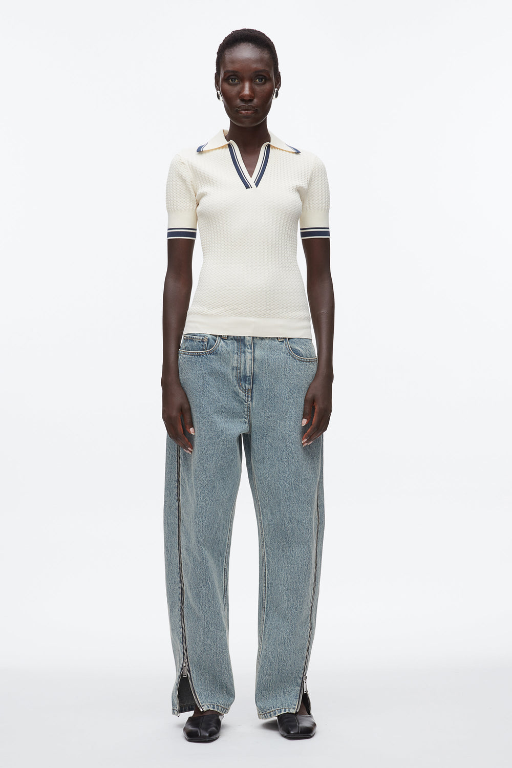 Ecru-Navy Textured Rib Fitted Polo | 3.1 Phillip Lim