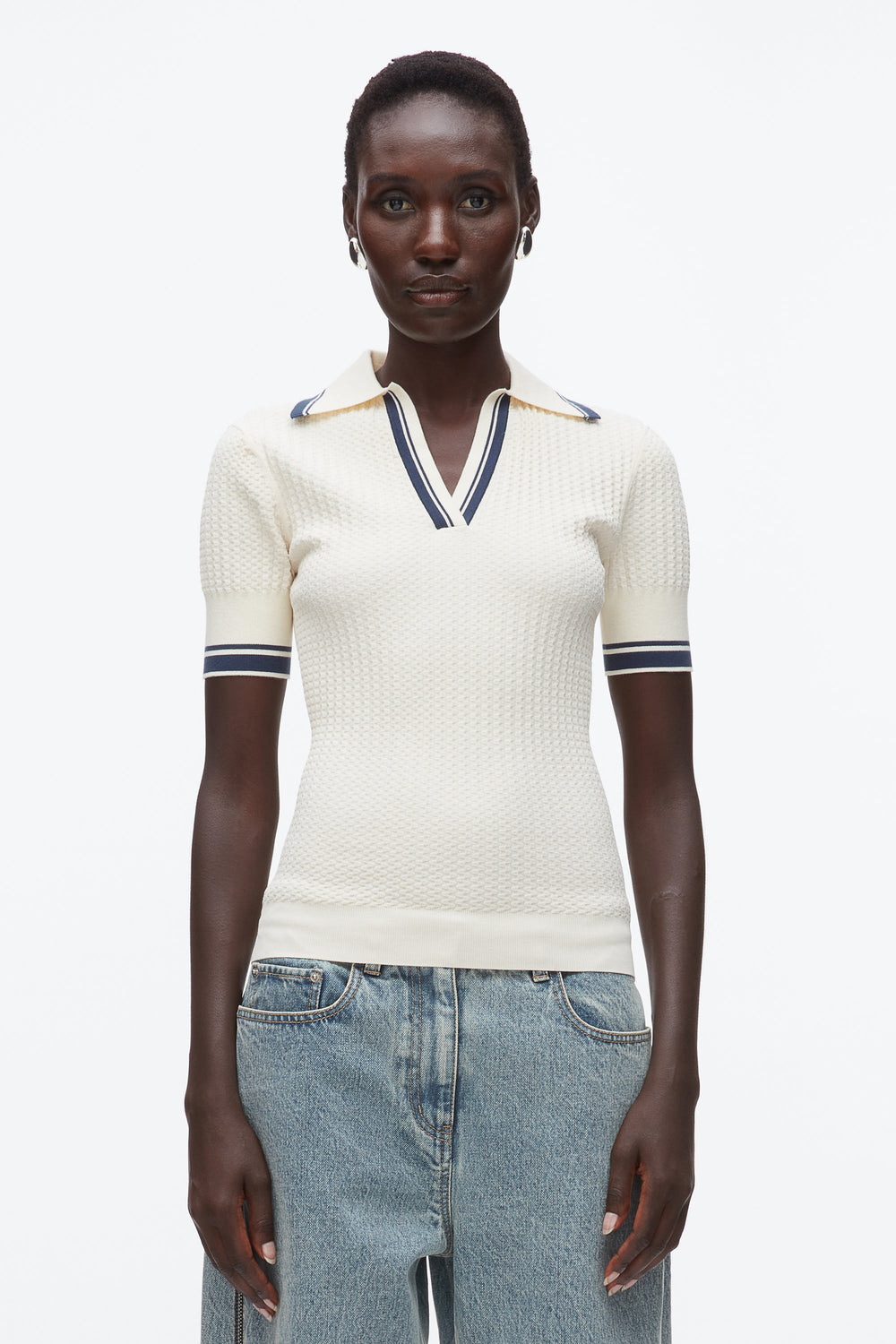Ecru-Navy Textured Rib Fitted Polo | 3.1 Phillip Lim