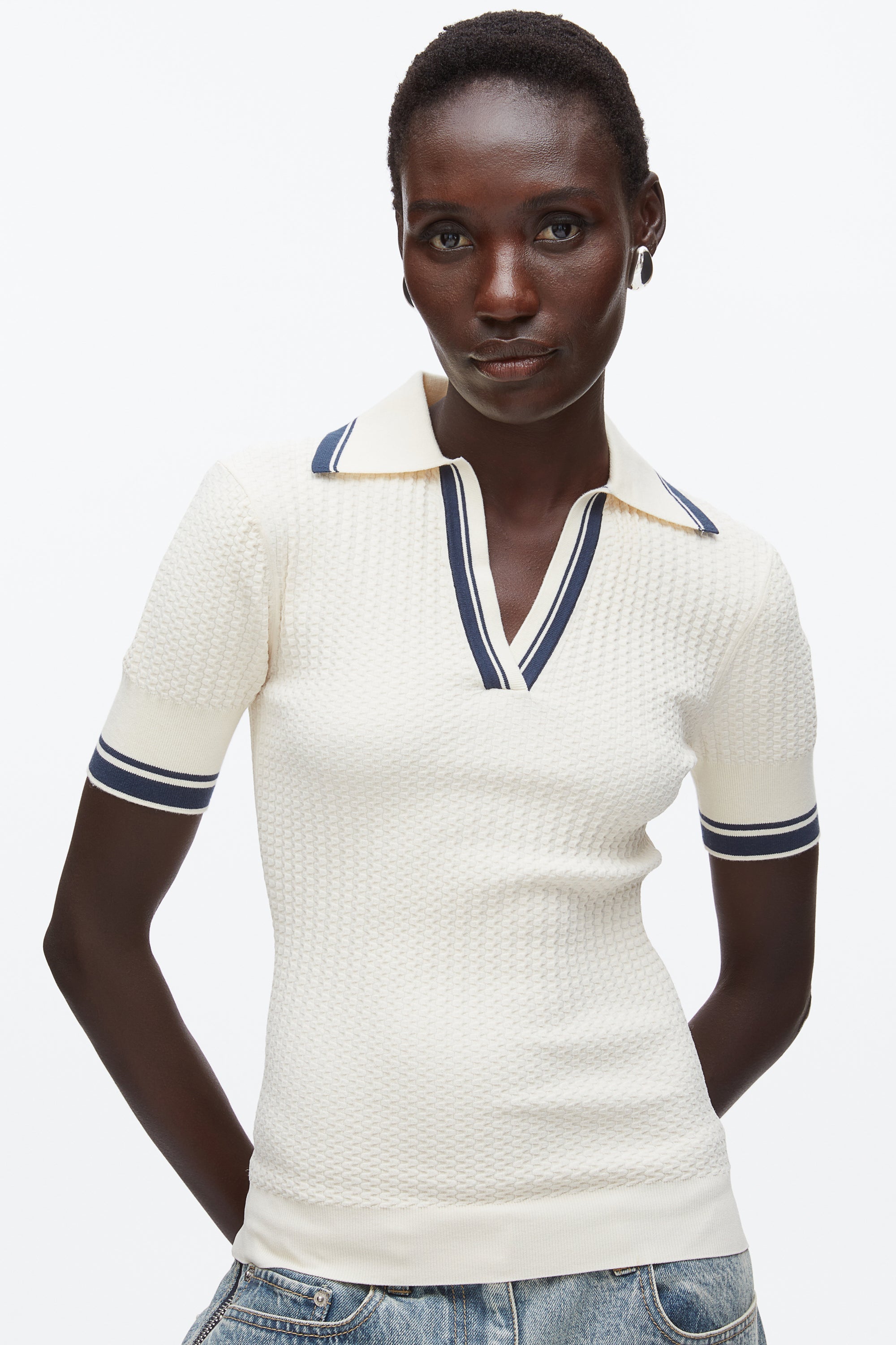 Ecru-Navy Textured Rib Fitted Polo | 3.1 Phillip Lim