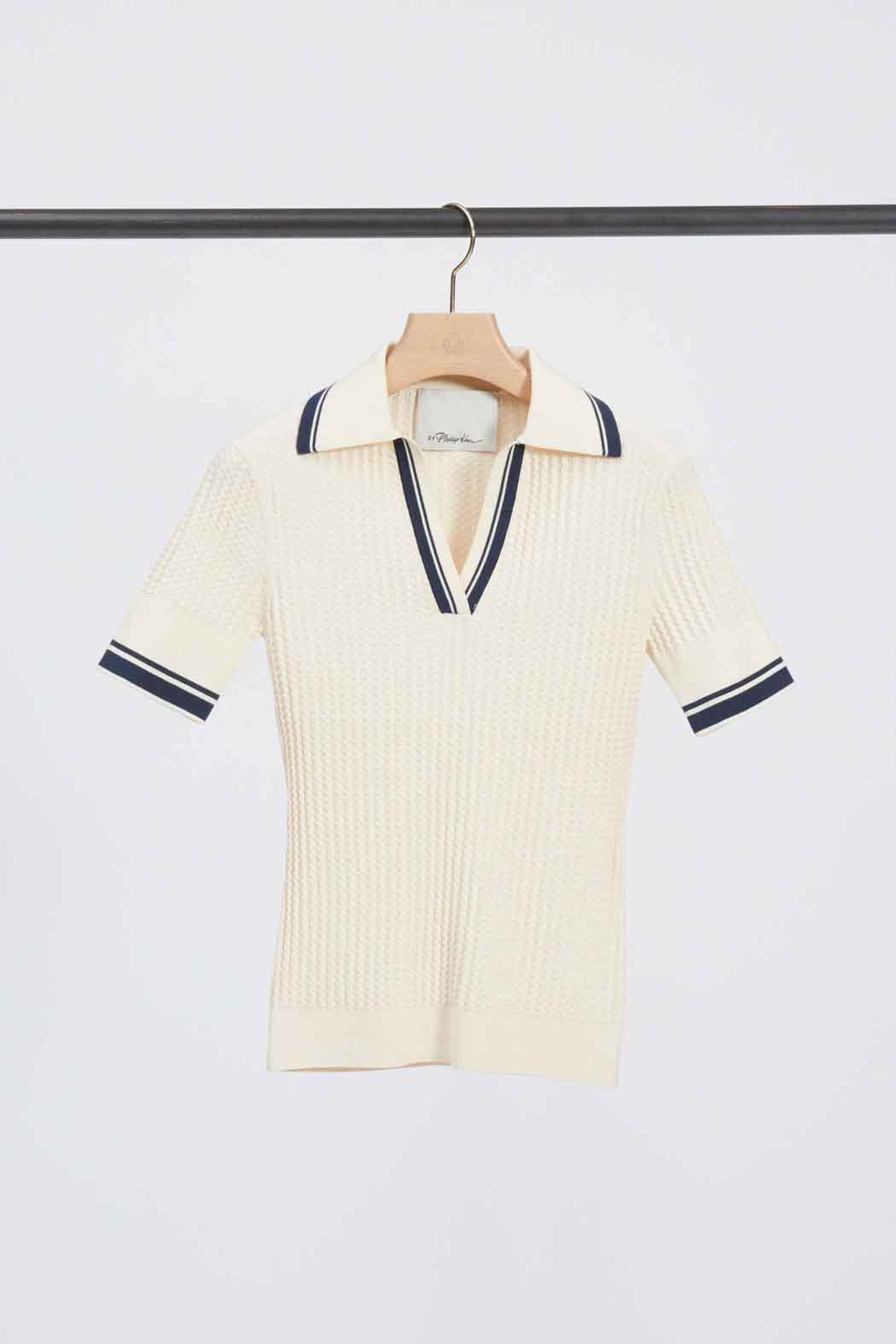 Ecru-Navy Textured Rib Fitted Polo | 3.1 Phillip Lim